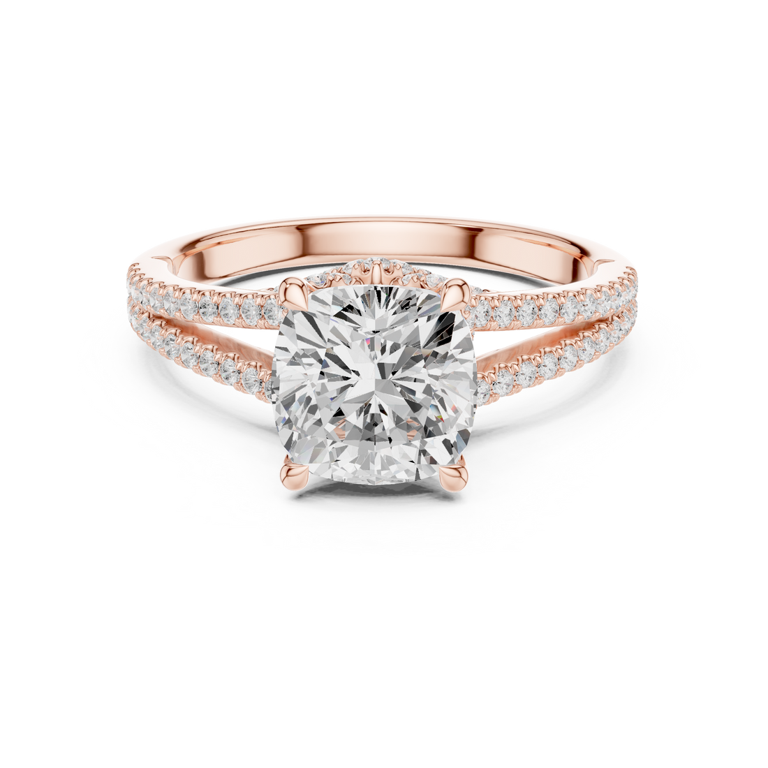 Cushion Cut Solitaire Engagement Ring with Split Shank Pavé Diamond Band