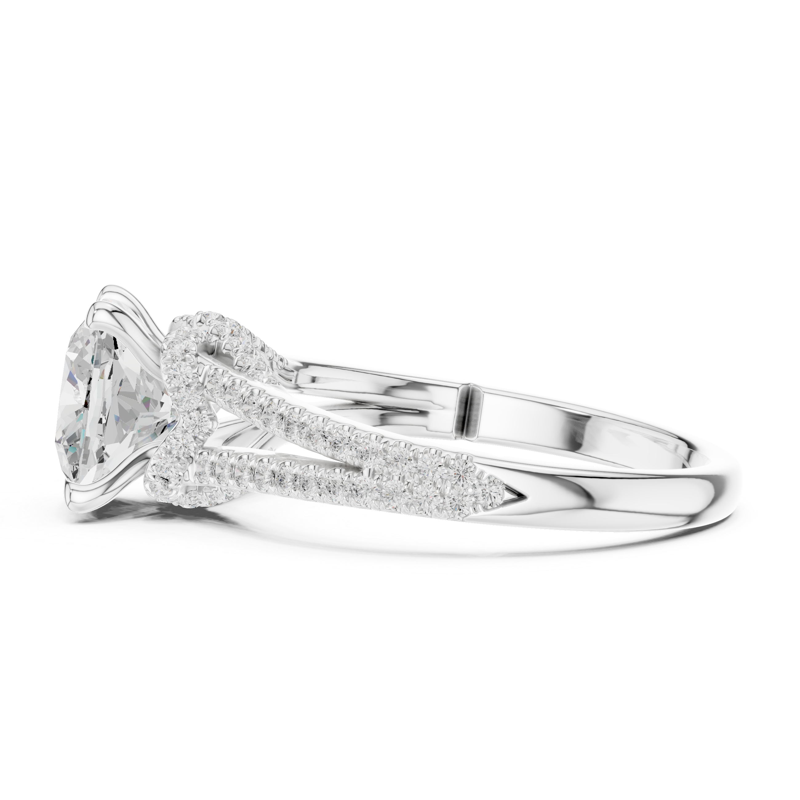 Cushion Cut Solitaire Engagement Ring with Split Shank Pavé Diamond Band