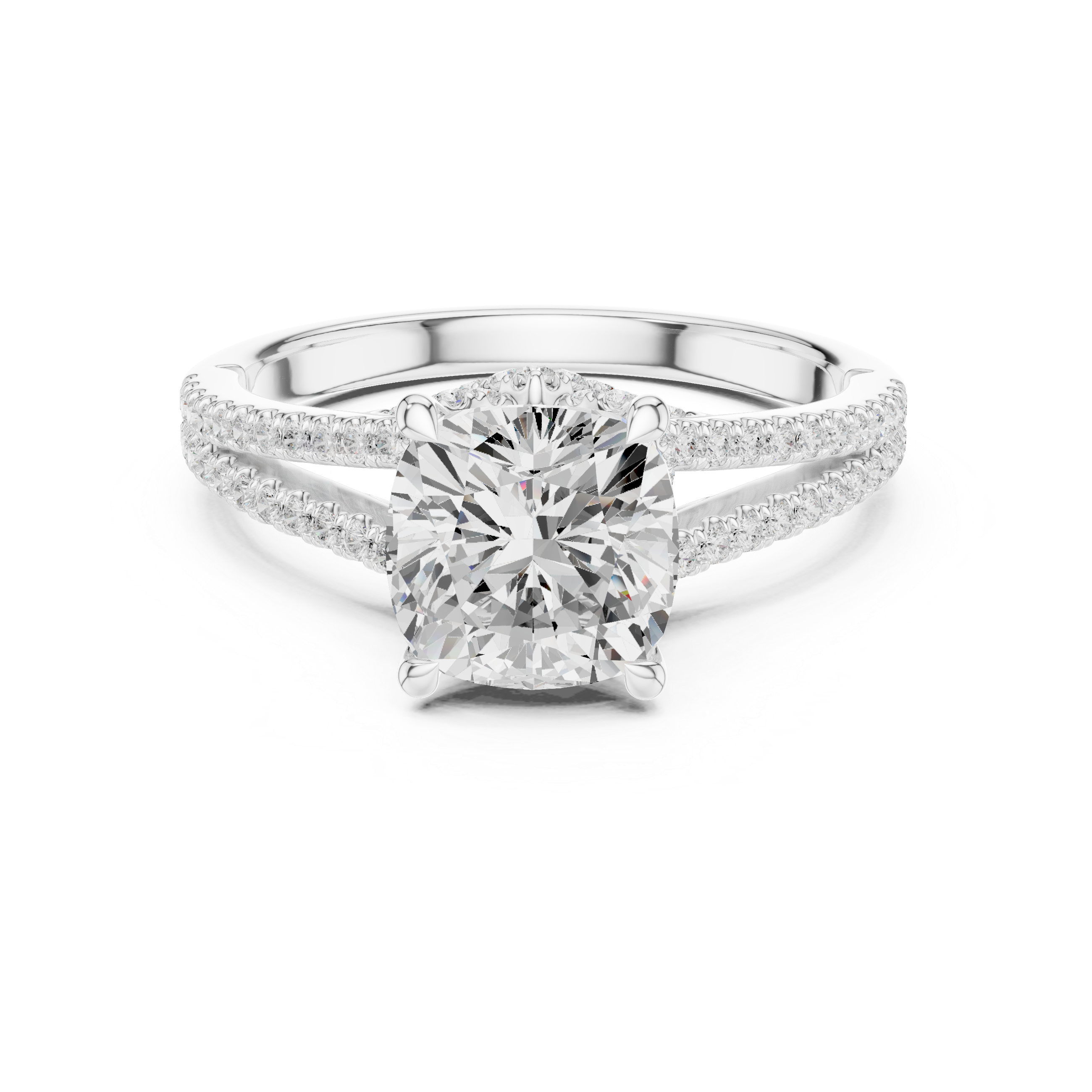 Cushion Cut Solitaire Engagement Ring with Split Shank Pavé Diamond Band