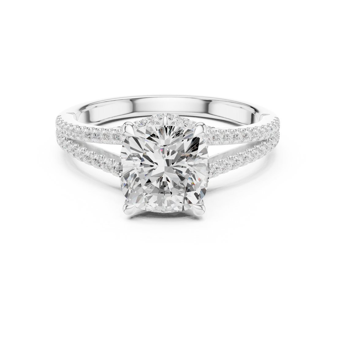 Cushion Cut Solitaire Engagement Ring with Split Shank Pavé Diamond Band