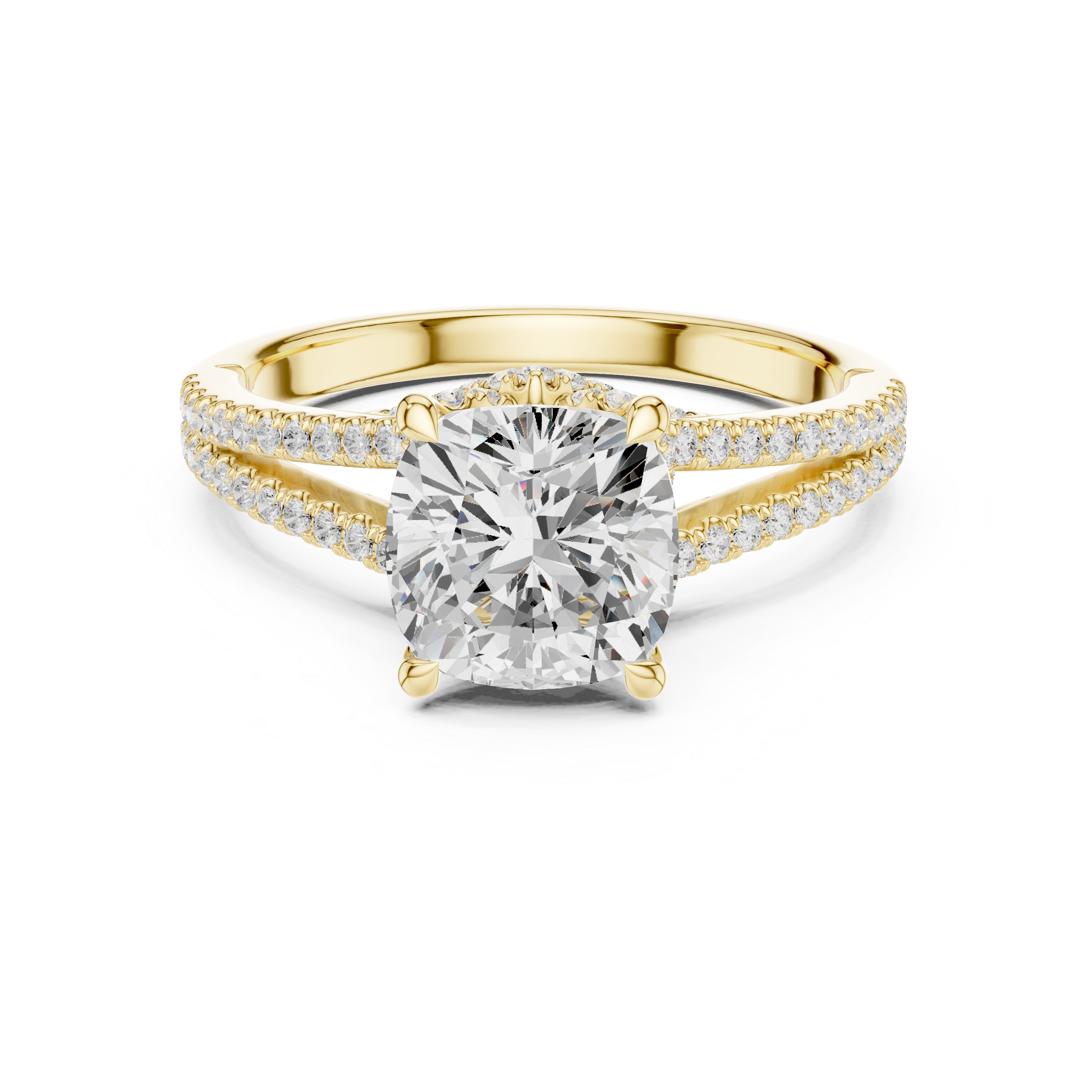 Cushion Cut Solitaire Engagement Ring with Split Shank Pavé Diamond Band