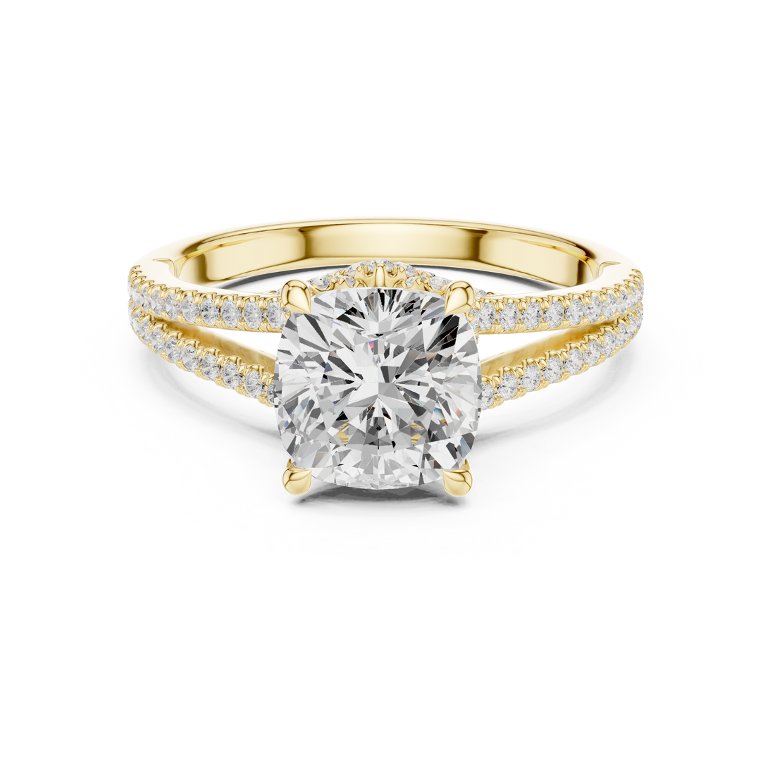 Cushion Cut Solitaire Engagement Ring with Split Shank Pavé Diamond Band