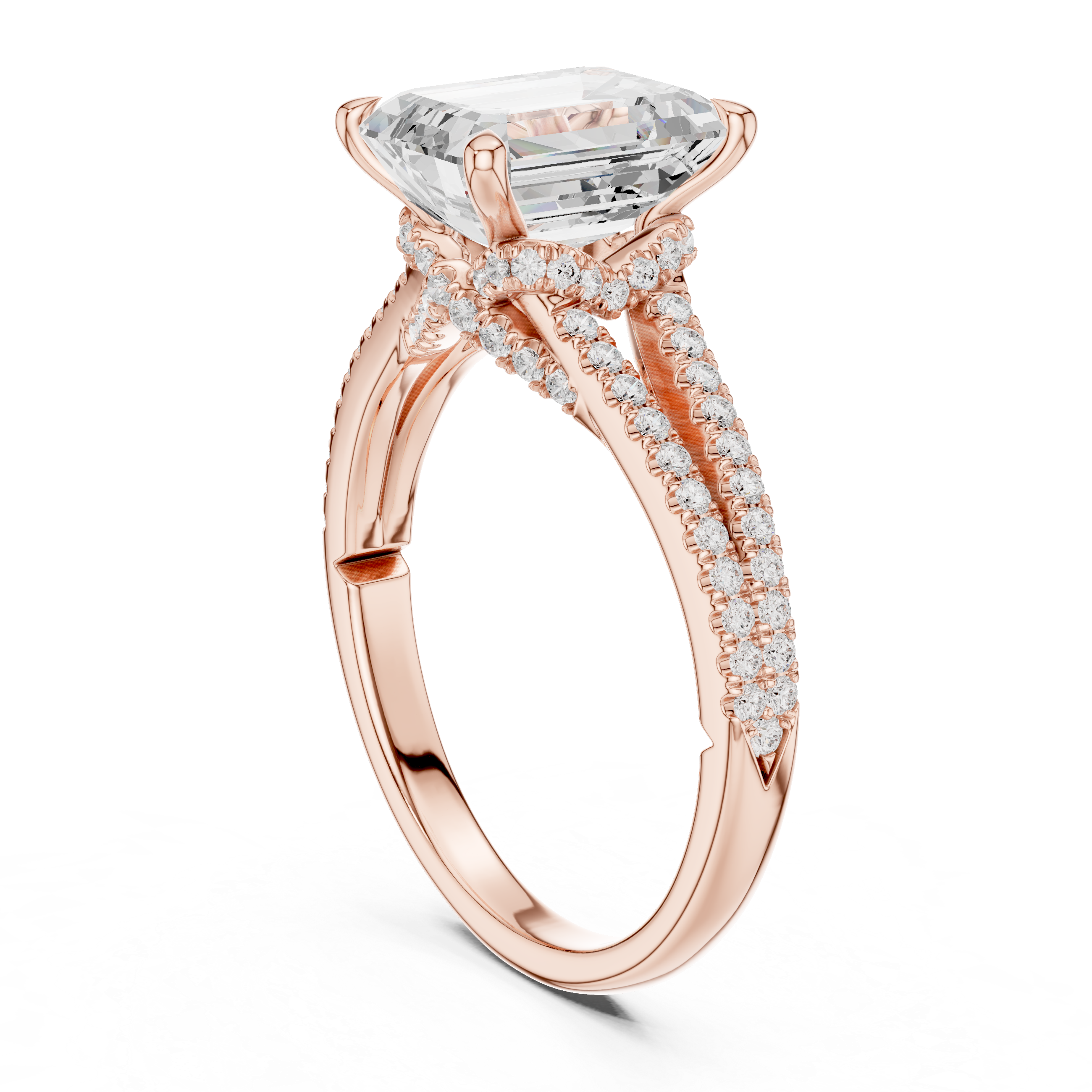 Emerald Cut Solitaire Engagement Ring with Split Shank Pavé Diamond Band