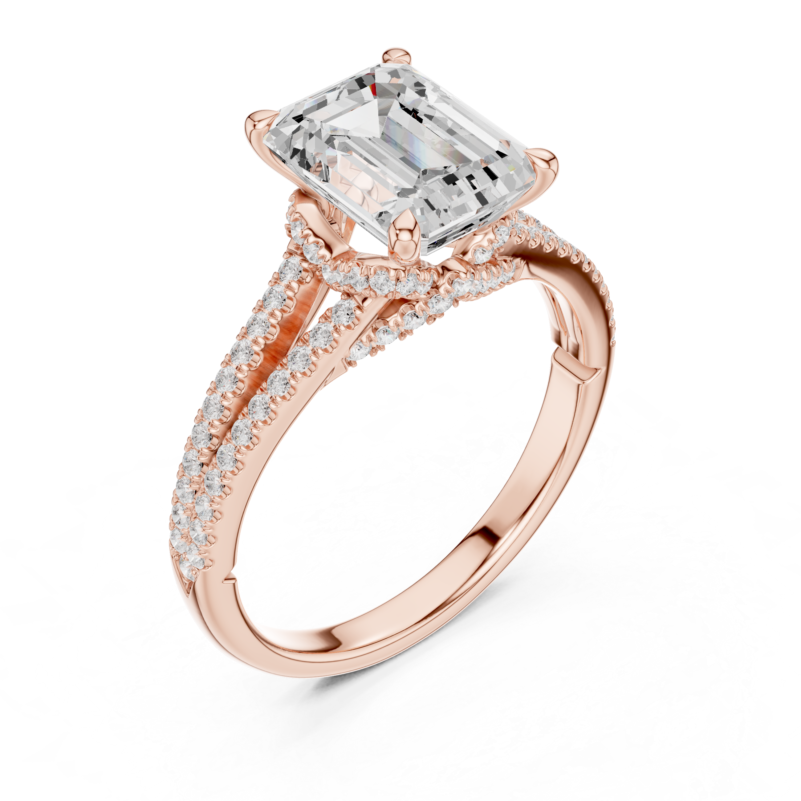 Emerald Cut Solitaire Engagement Ring with Split Shank Pavé Diamond Band