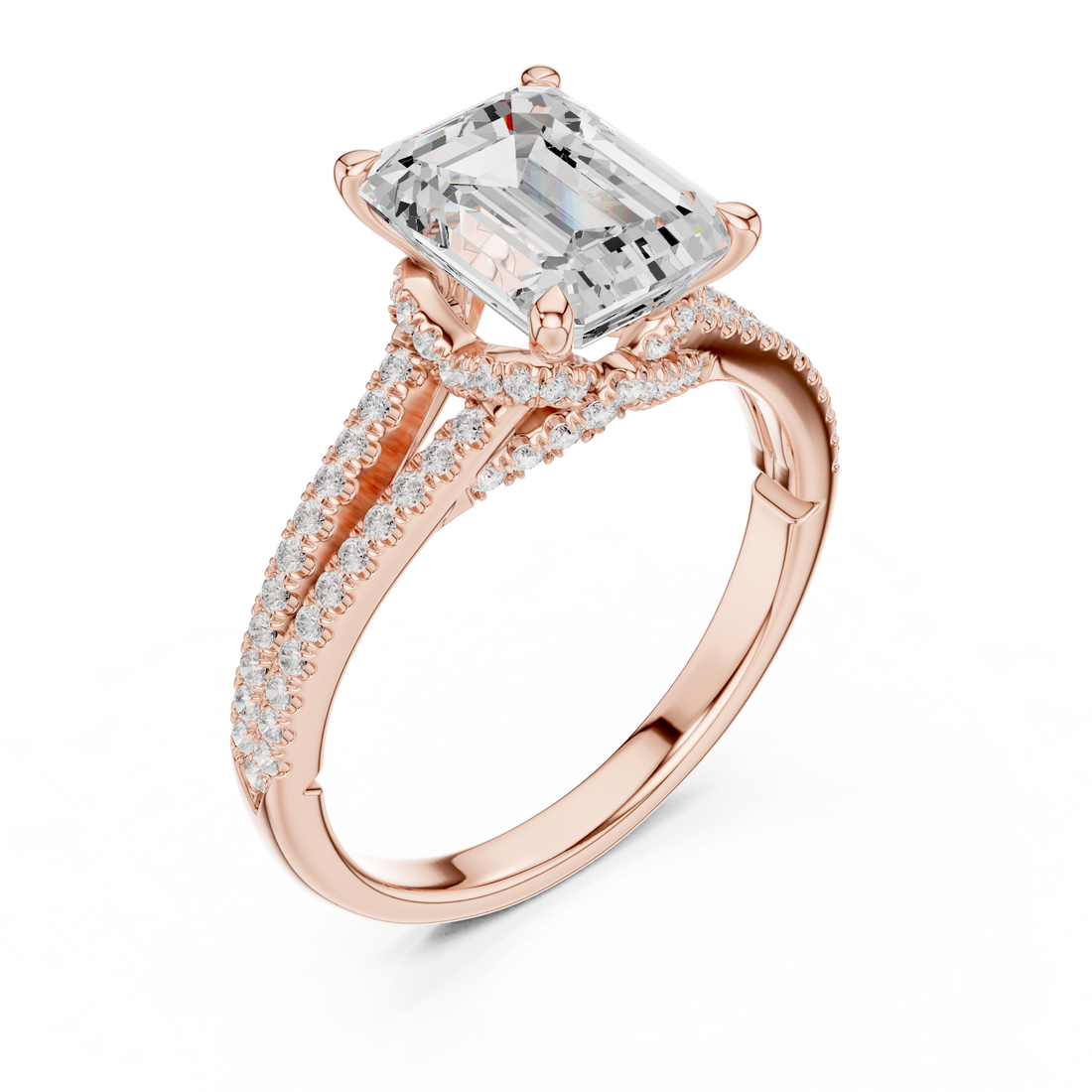Emerald Cut Solitaire Engagement Ring with Split Shank Pavé Diamond Band