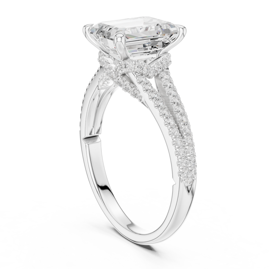 Emerald Cut Solitaire Engagement Ring with Split Shank Pavé Diamond Band