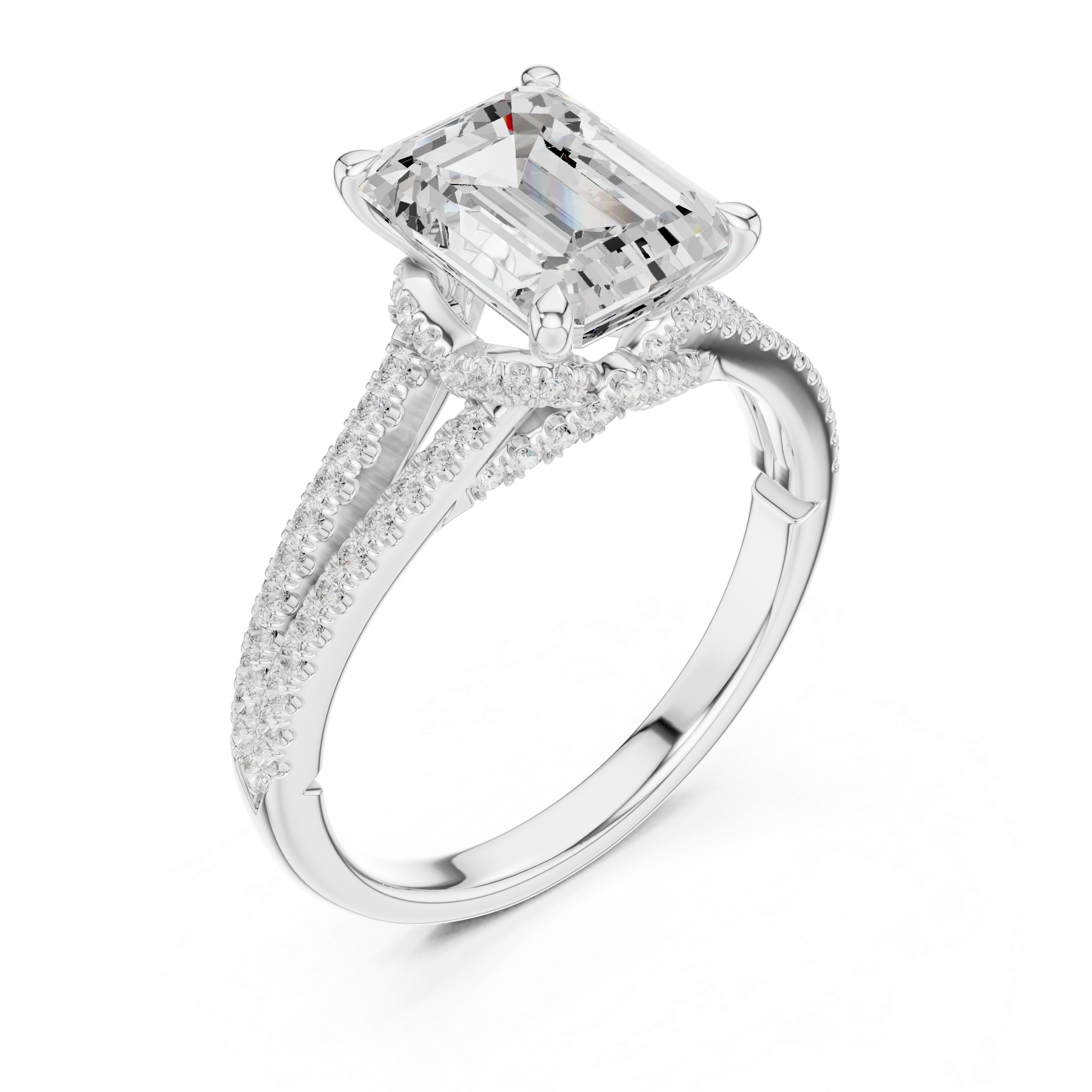 Emerald Cut Solitaire Engagement Ring with Split Shank Pavé Diamond Band