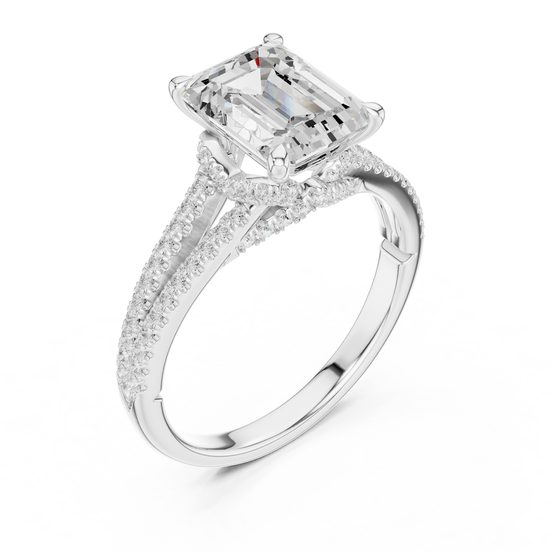 Emerald Cut Solitaire Engagement Ring with Split Shank Pavé Diamond Band