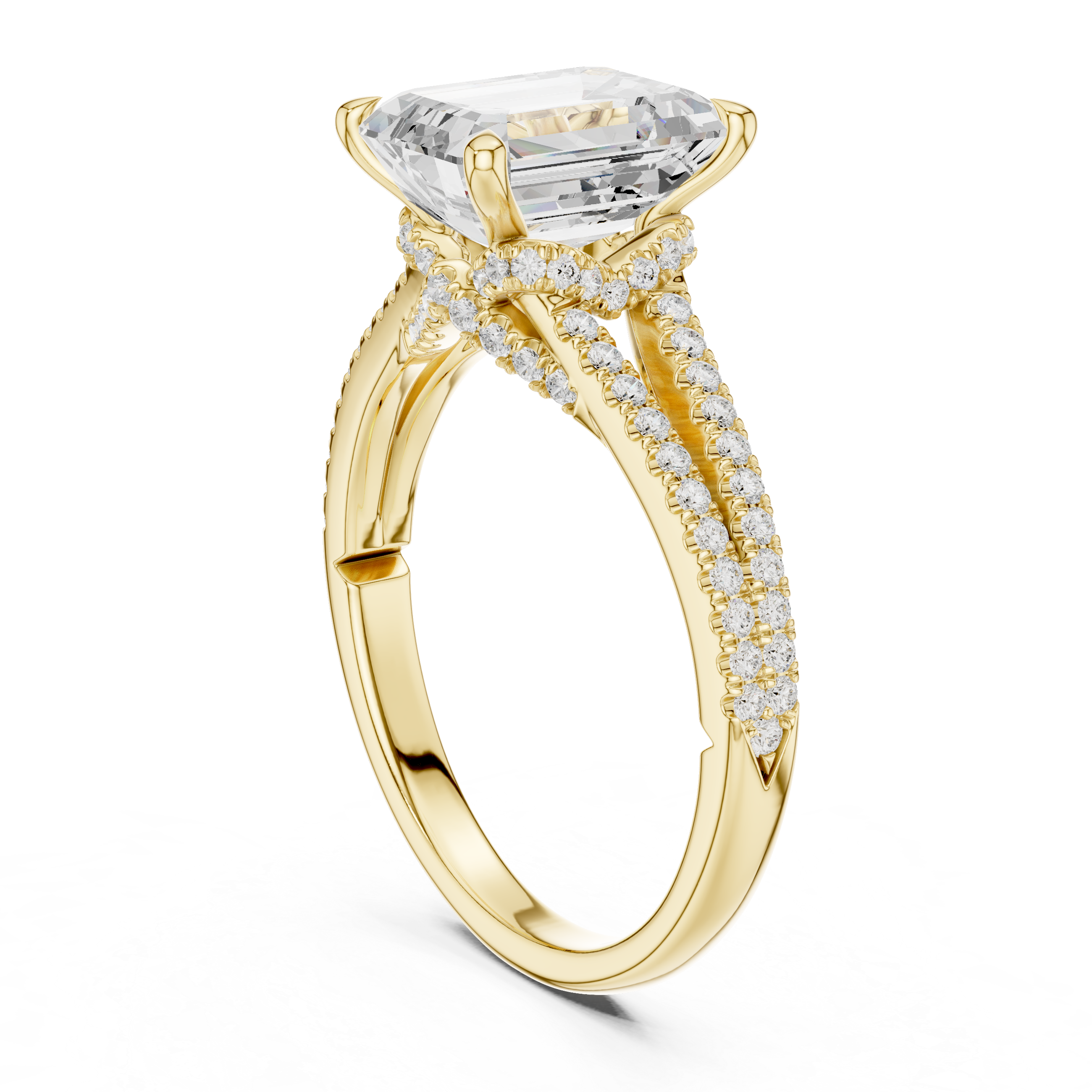 Emerald Cut Solitaire Engagement Ring with Split Shank Pavé Diamond Band