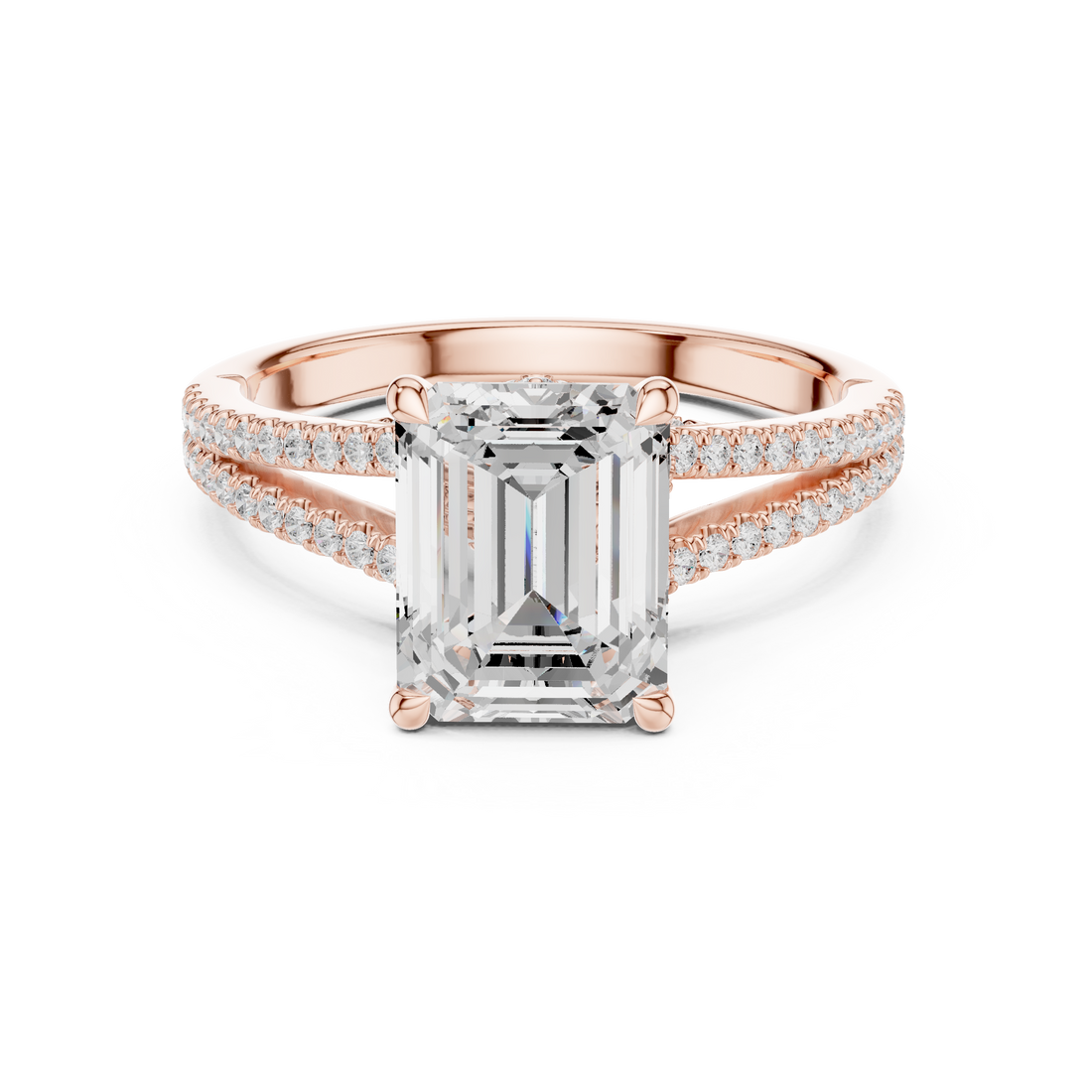 Emerald Cut Solitaire Engagement Ring with Split Shank Pavé Diamond Band