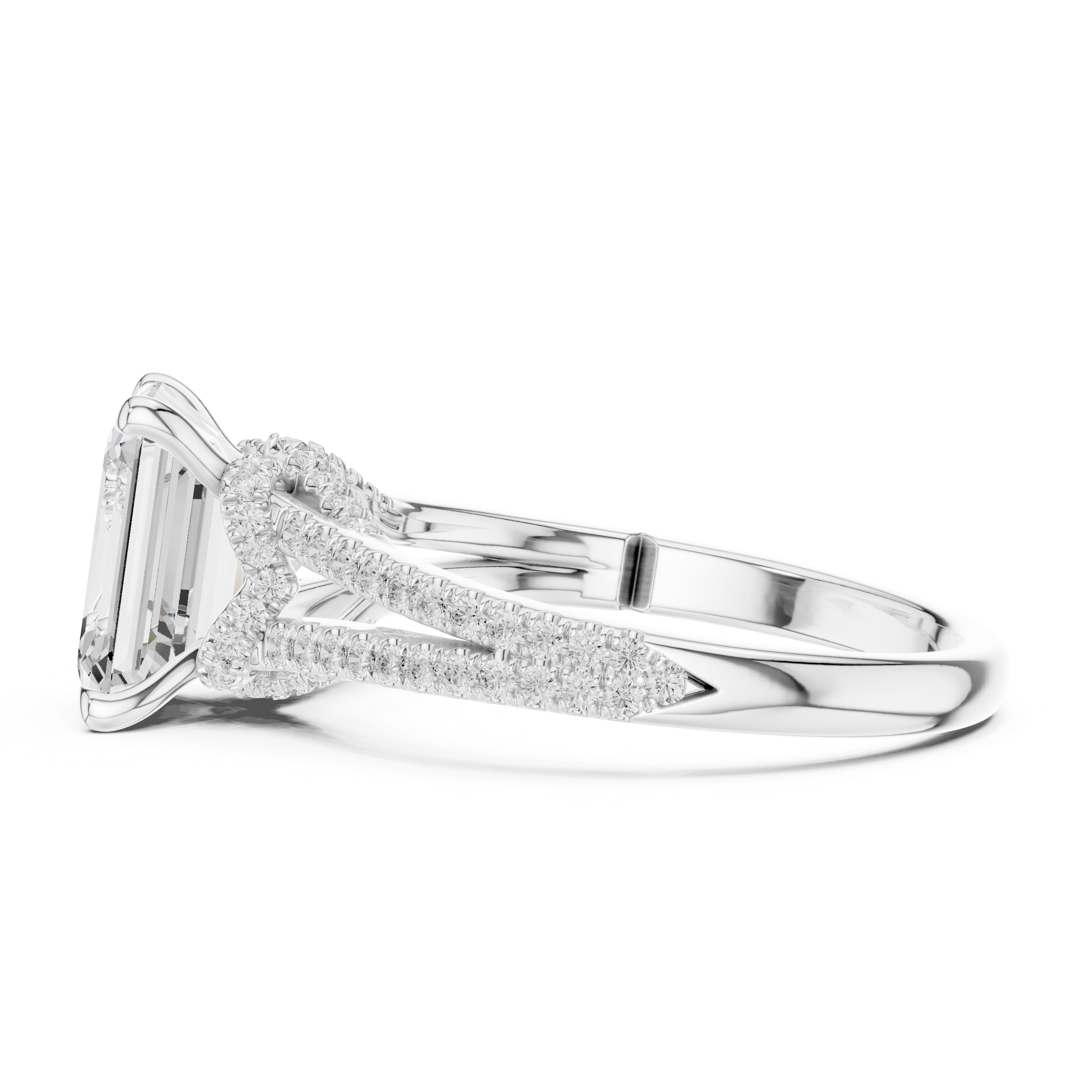 Emerald Cut Solitaire Engagement Ring with Split Shank Pavé Diamond Band