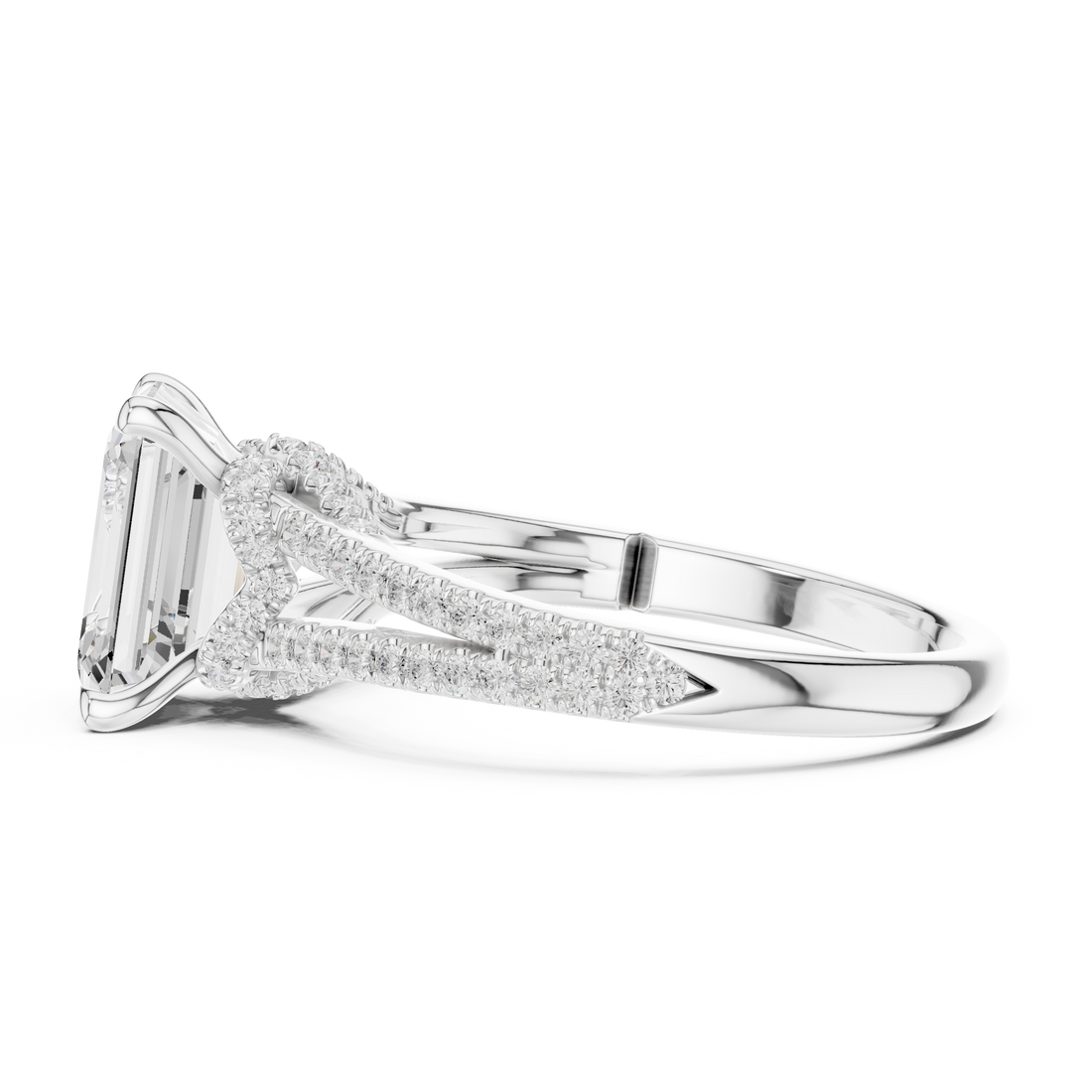 Emerald Cut Solitaire Engagement Ring with Split Shank Pavé Diamond Band