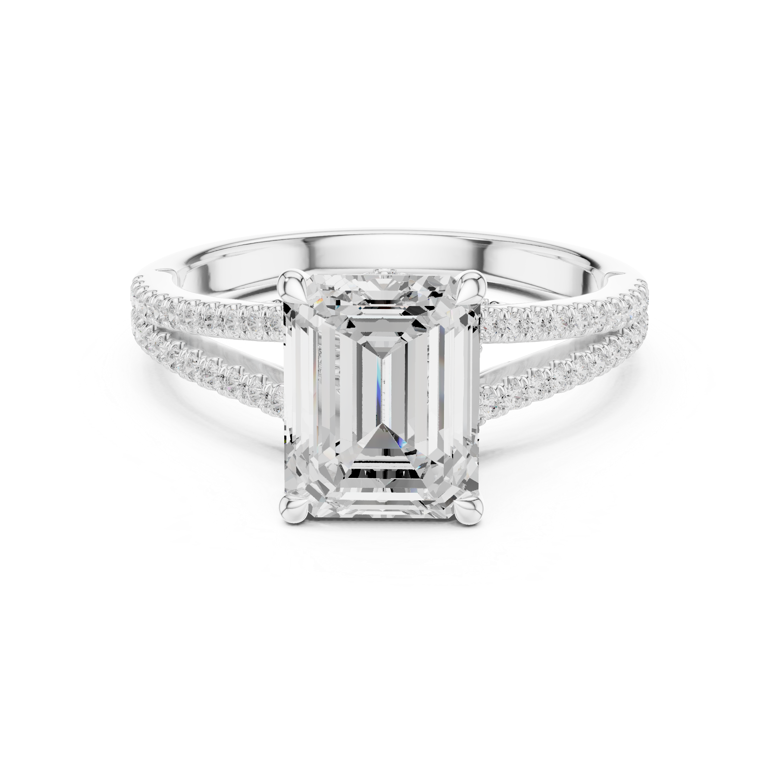 Emerald Cut Solitaire Engagement Ring with Split Shank Pavé Diamond Band