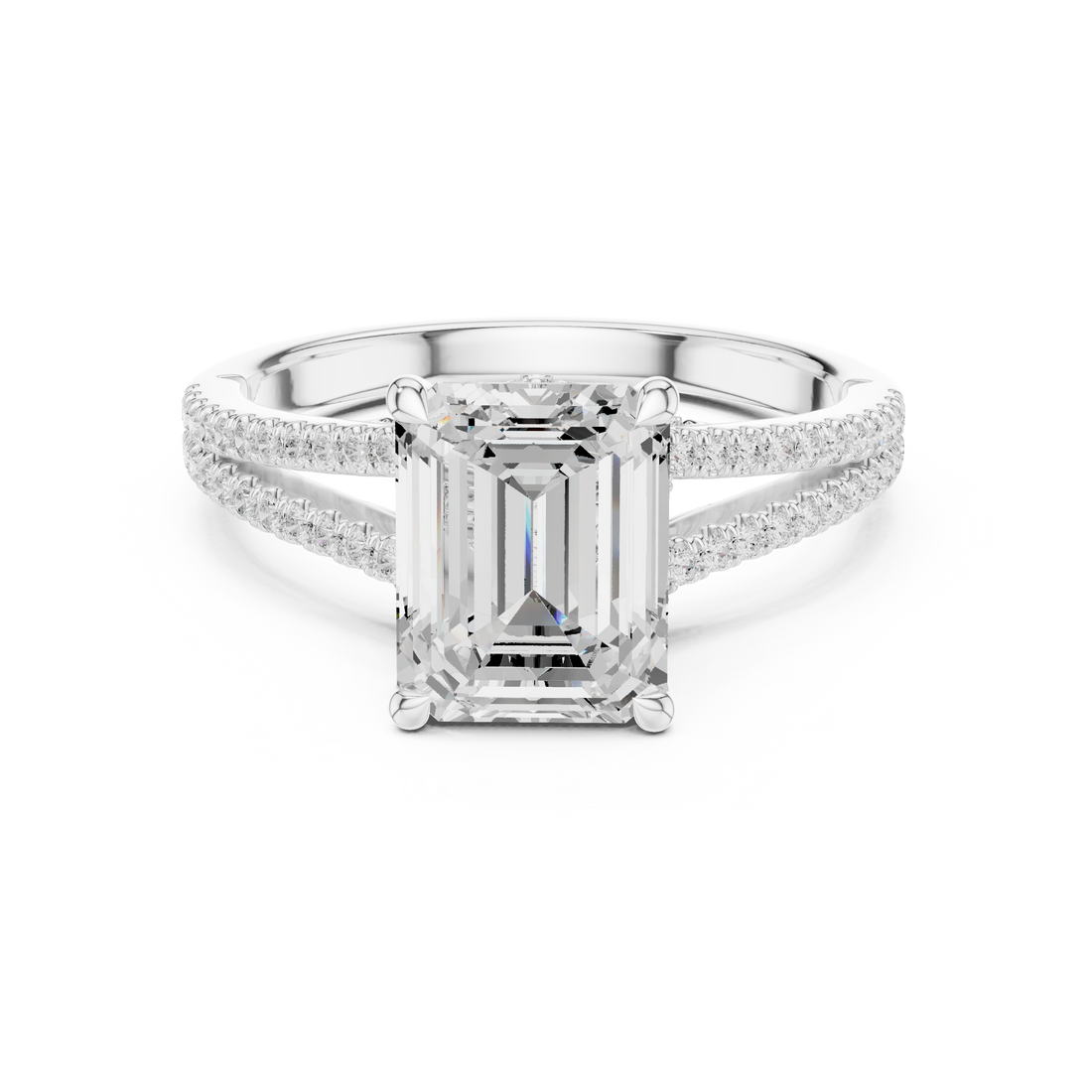 Emerald Cut Solitaire Engagement Ring with Split Shank Pavé Diamond Band