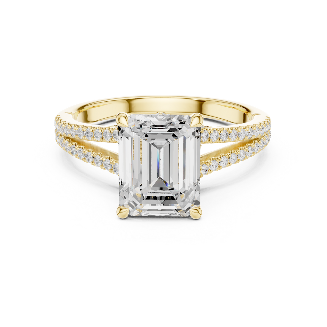 Emerald Cut Solitaire Engagement Ring with Split Shank Pavé Diamond Band