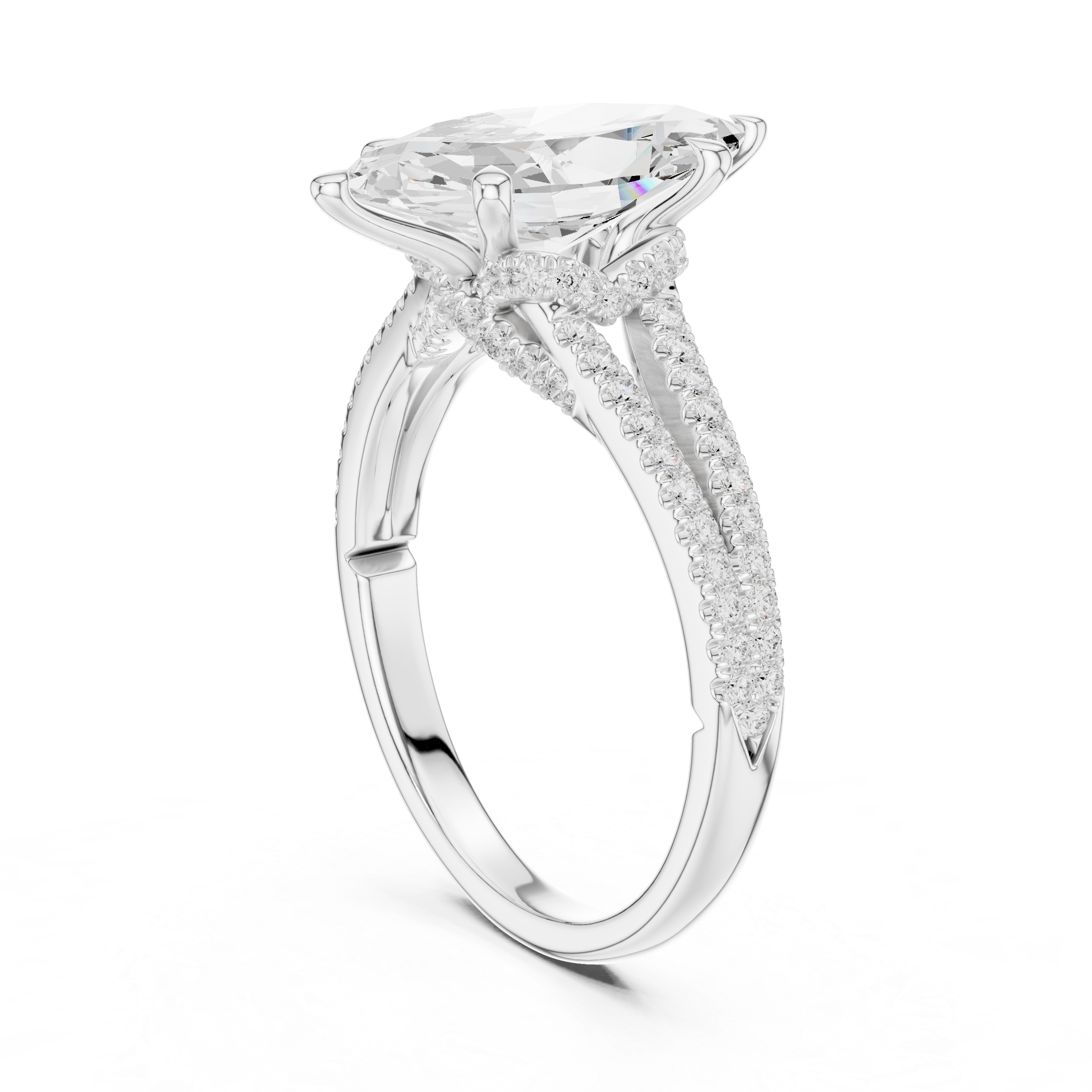 Marquise Cut Solitaire Engagement Ring with Split Shank Pavé Diamond Band
