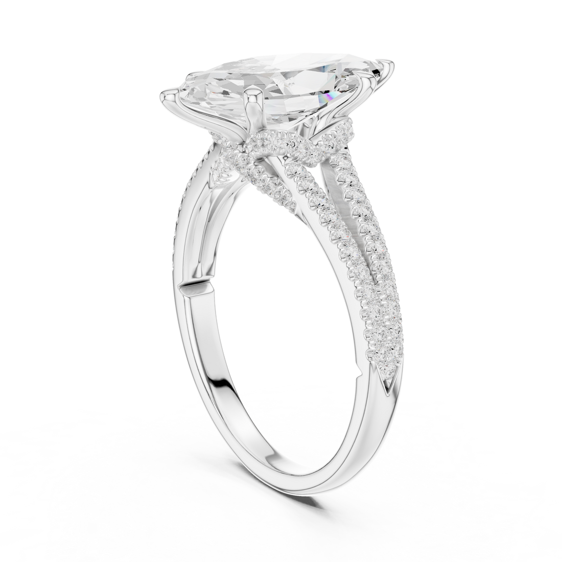 Marquise Cut Solitaire Engagement Ring with Split Shank Pavé Diamond Band