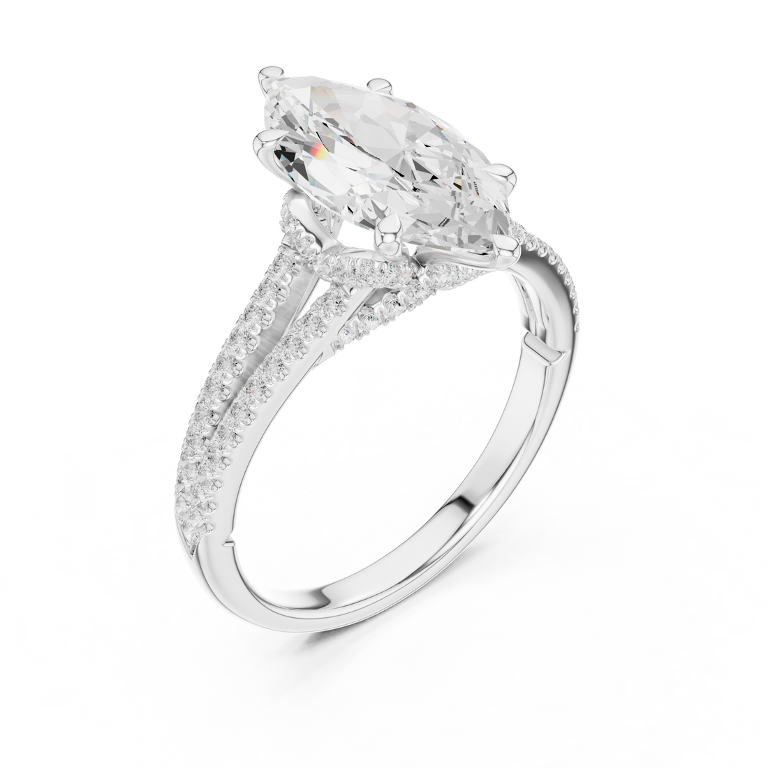 Marquise Cut Solitaire Engagement Ring with Split Shank Pavé Diamond Band