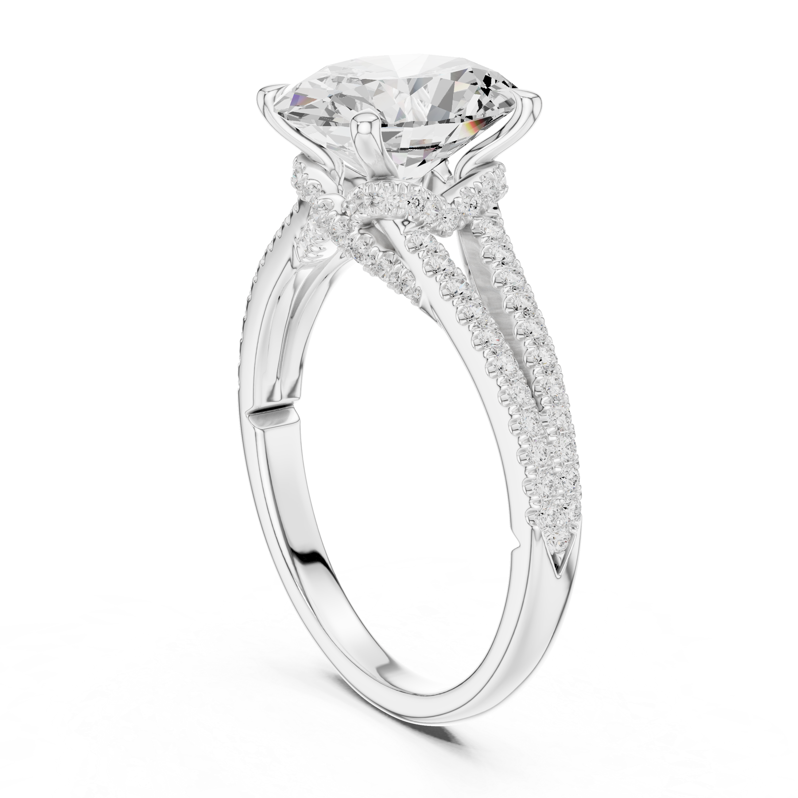 Oval Cut Solitaire Engagement Ring with Split Shank Pavé Diamond Band