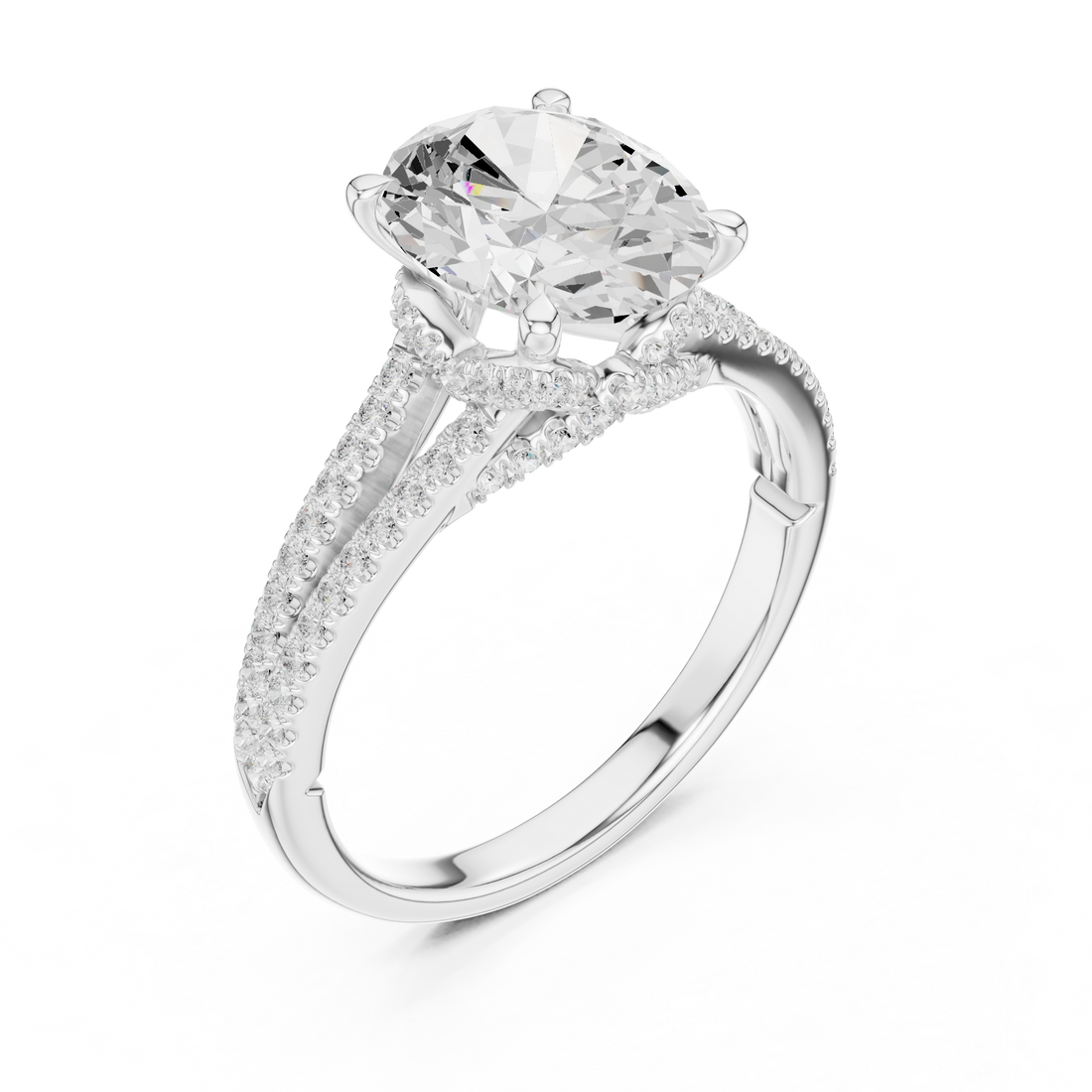 Oval Cut Solitaire Engagement Ring with Split Shank Pavé Diamond Band