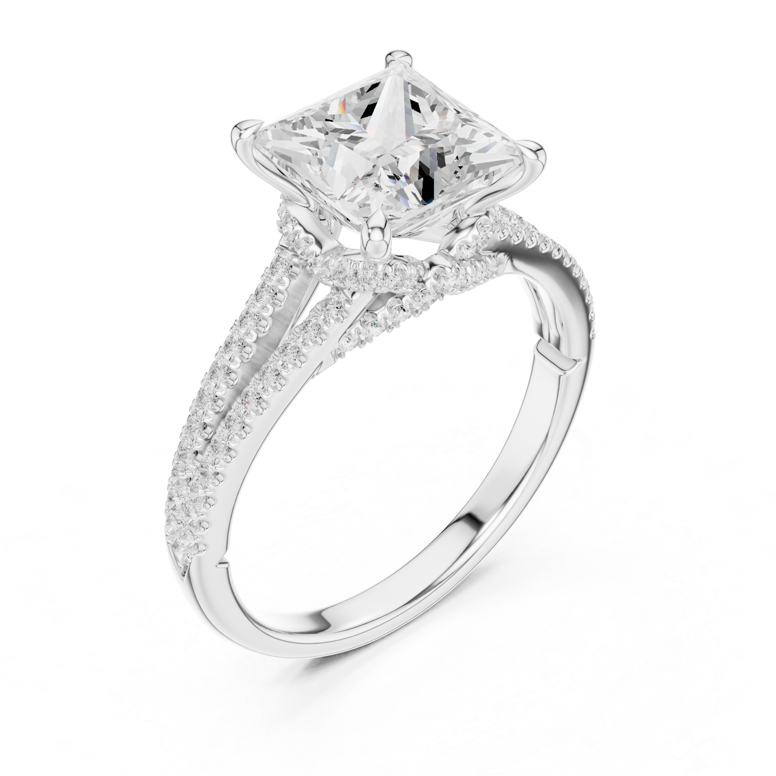 Princess Cut Solitaire Engagement Ring with Split Shank Pavé Diamond Band