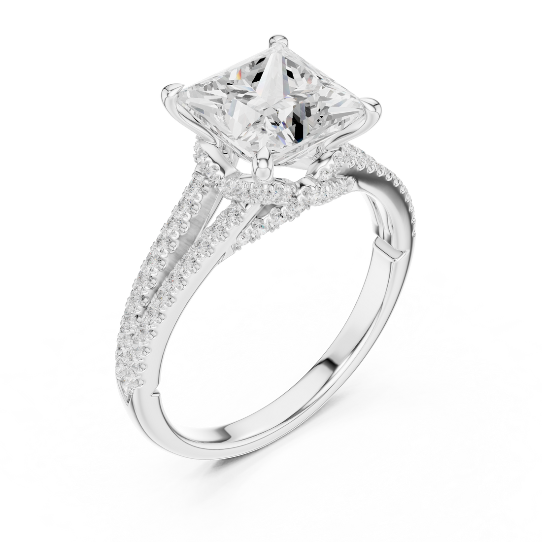 Princess Cut Solitaire Engagement Ring with Split Shank Pavé Diamond Band