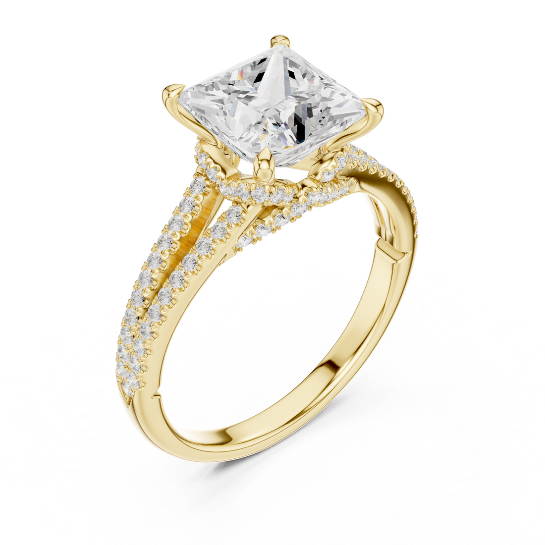Princess Cut Solitaire Engagement Ring with Split Shank Pavé Diamond Band
