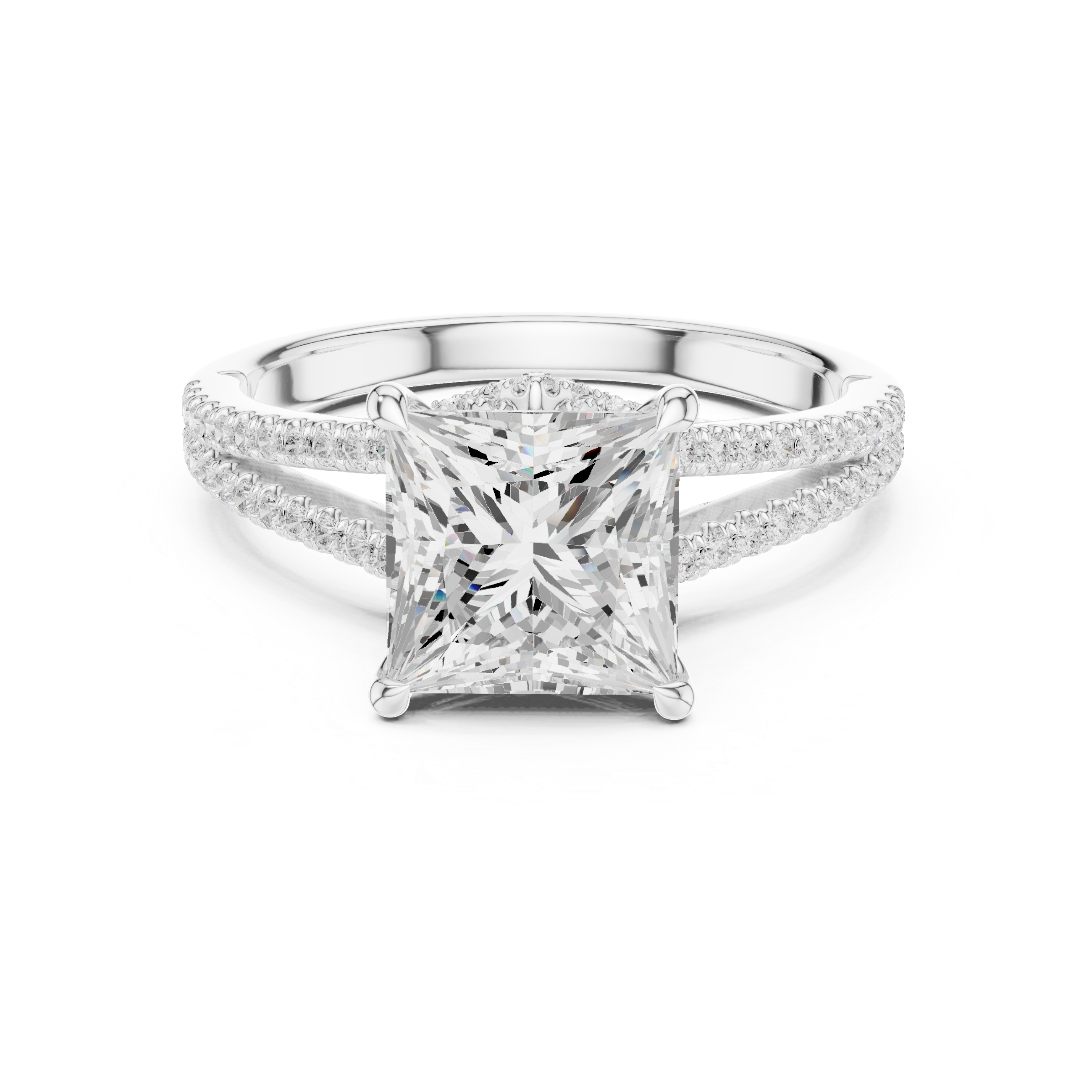 Princess Cut Solitaire Engagement Ring with Split Shank Pavé Diamond Band
