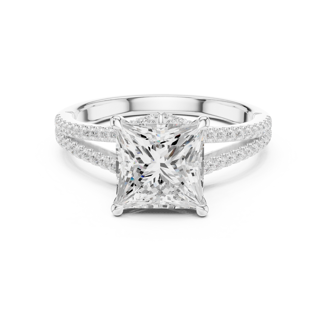 Princess Cut Solitaire Engagement Ring with Split Shank Pavé Diamond Band