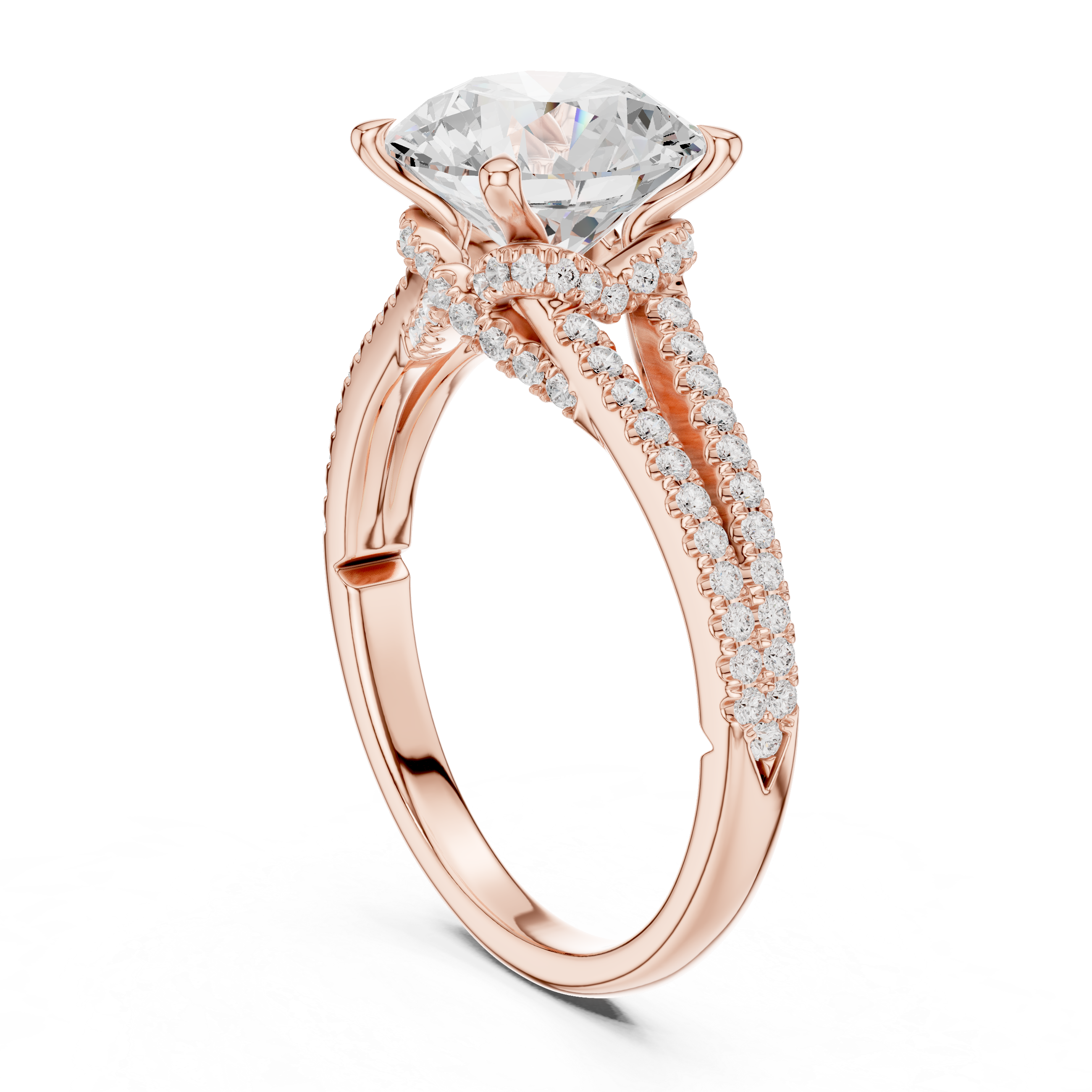 Round Cut Solitaire Engagement Ring with Split Shank Pavé Diamond Band