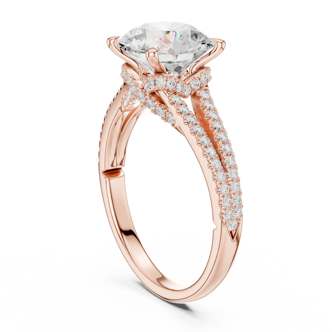 Round Cut Solitaire Engagement Ring with Split Shank Pavé Diamond Band