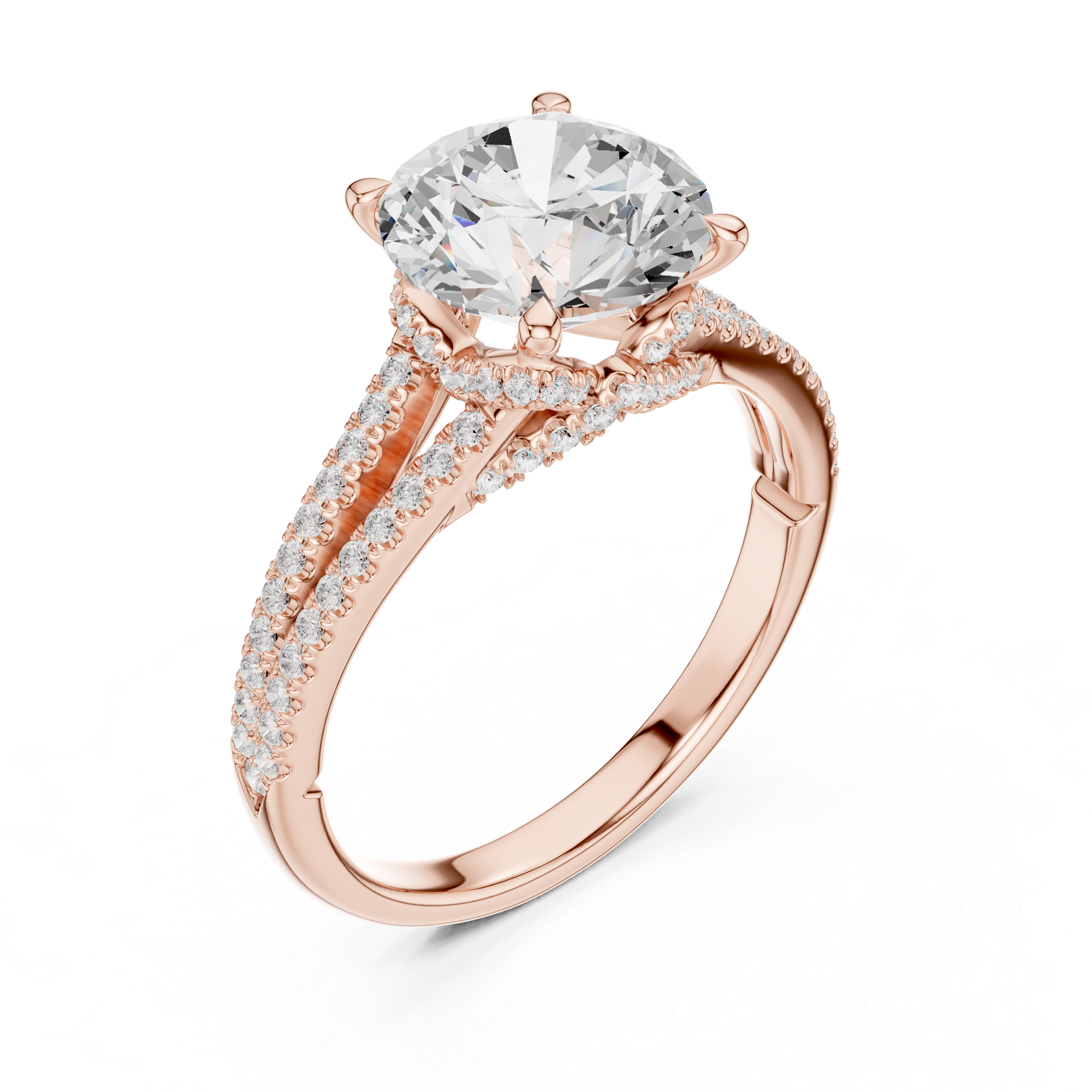 Round Cut Solitaire Engagement Ring with Split Shank Pavé Diamond Band