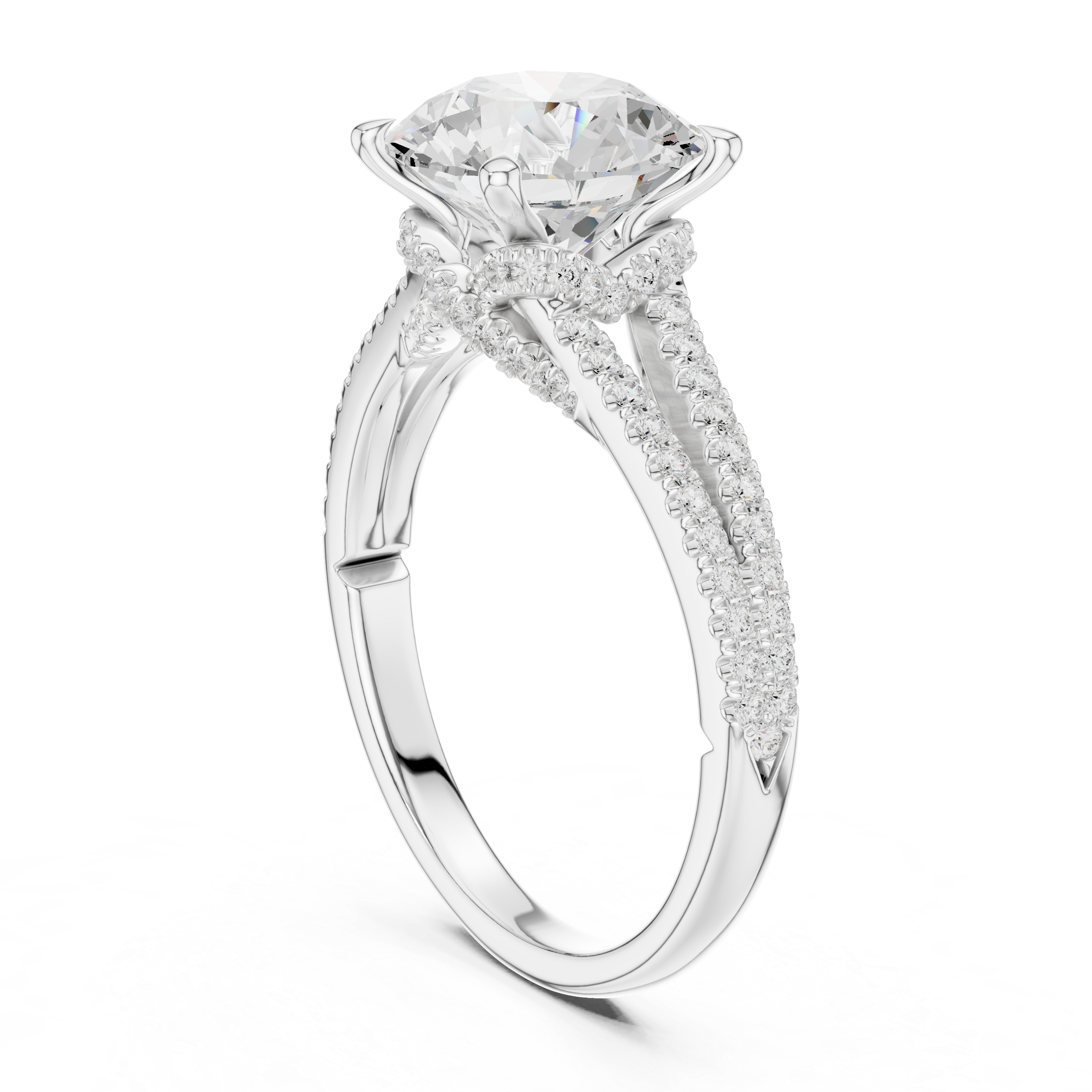 Round Cut Solitaire Engagement Ring with Split Shank Pavé Diamond Band