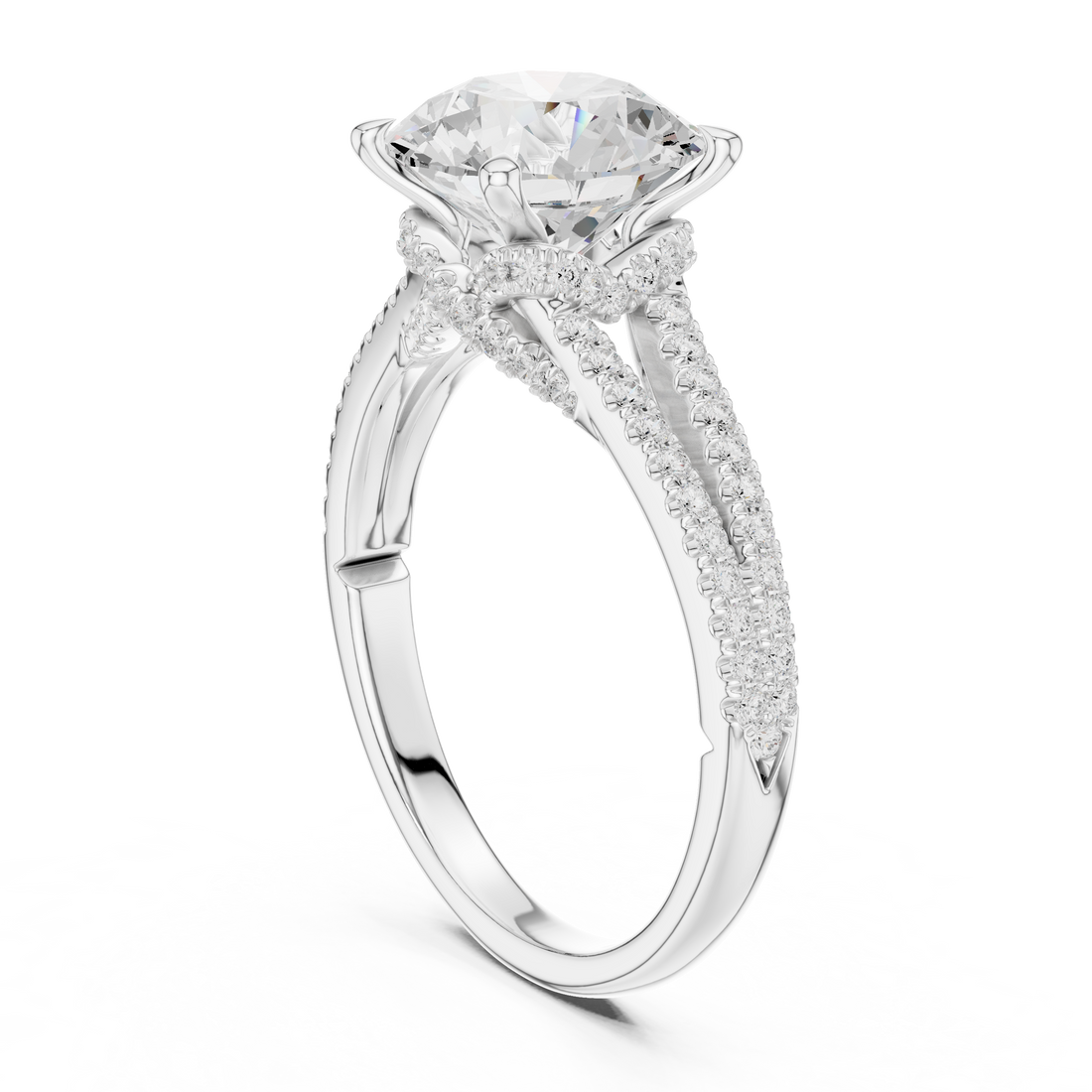 Round Cut Solitaire Engagement Ring with Split Shank Pavé Diamond Band