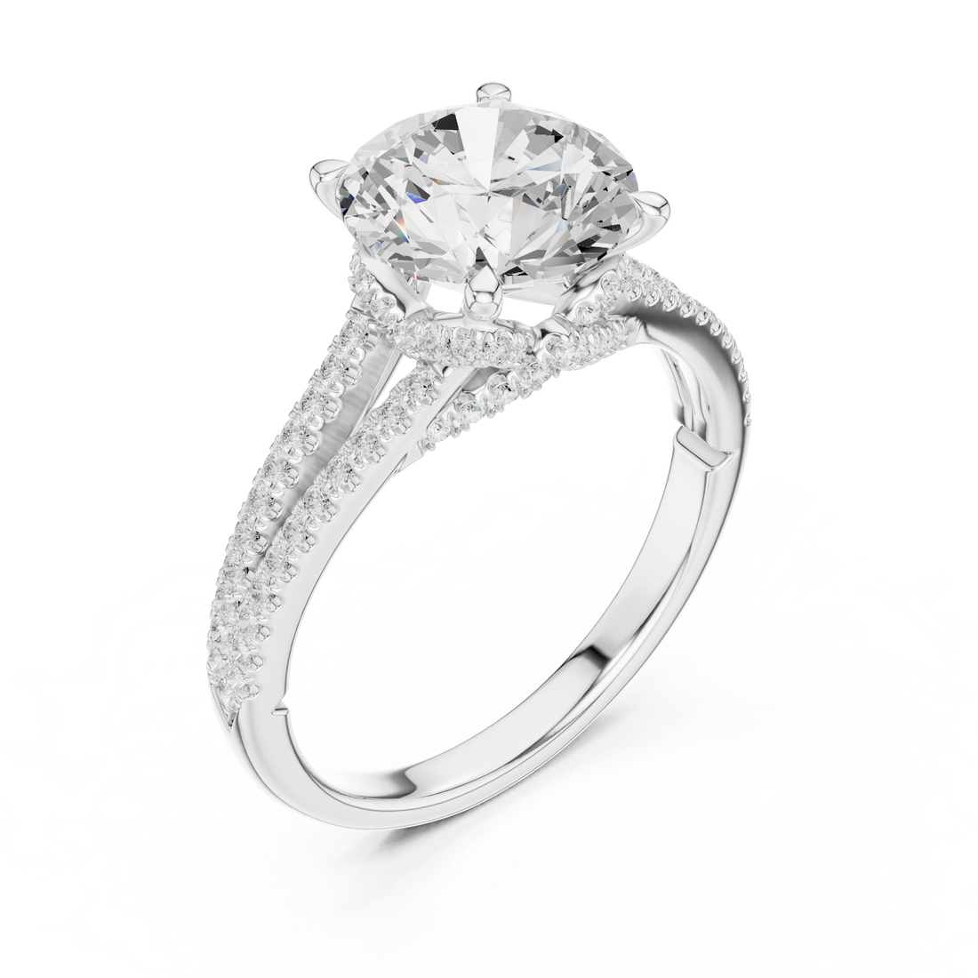 Round Cut Solitaire Engagement Ring with Split Shank Pavé Diamond Band