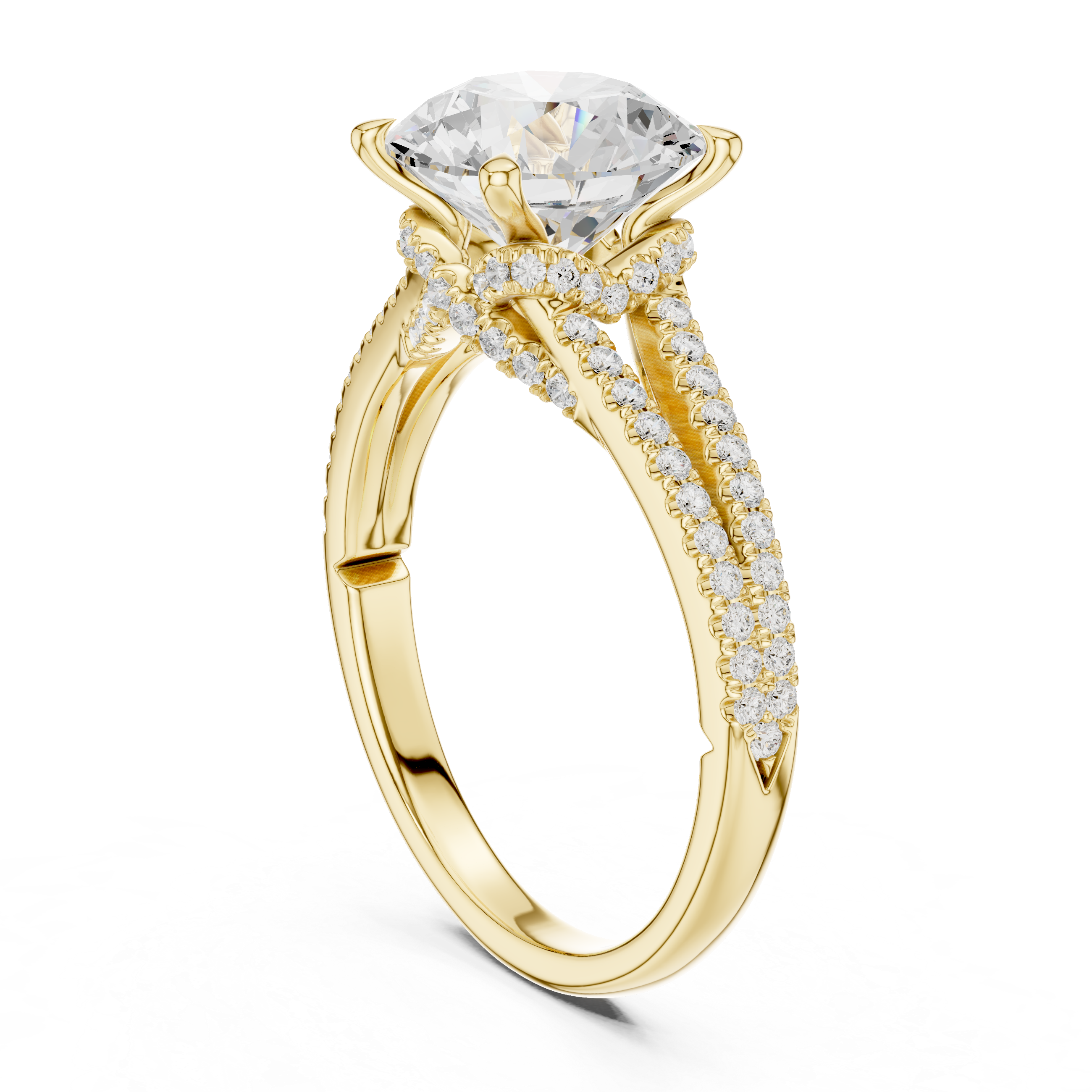 Round Cut Solitaire Engagement Ring with Split Shank Pavé Diamond Band