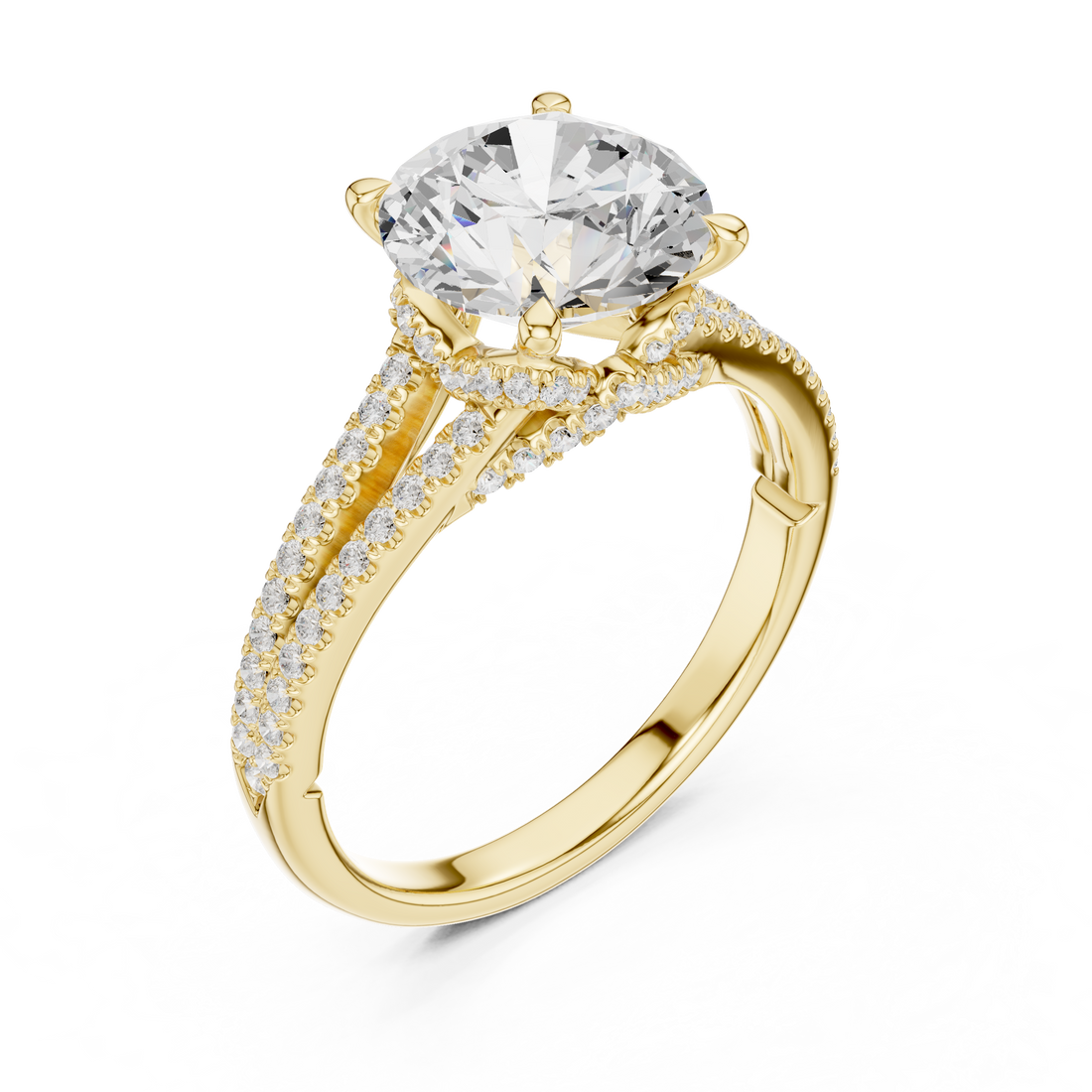 Round Cut Solitaire Engagement Ring with Split Shank Pavé Diamond Band