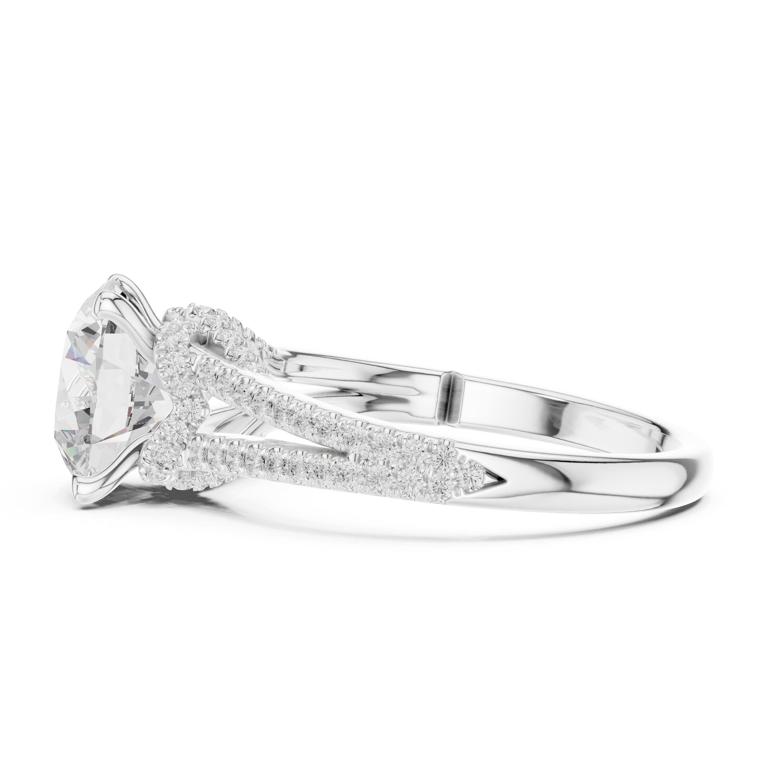 Round Cut Solitaire Engagement Ring with Split Shank Pavé Diamond Band
