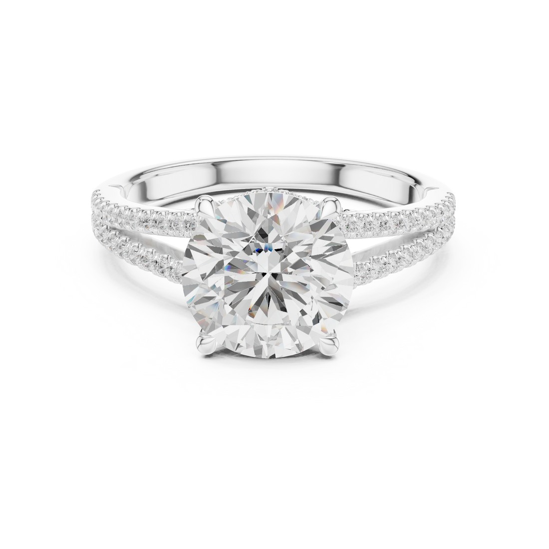 Round Cut Solitaire Engagement Ring with Split Shank Pavé Diamond Band