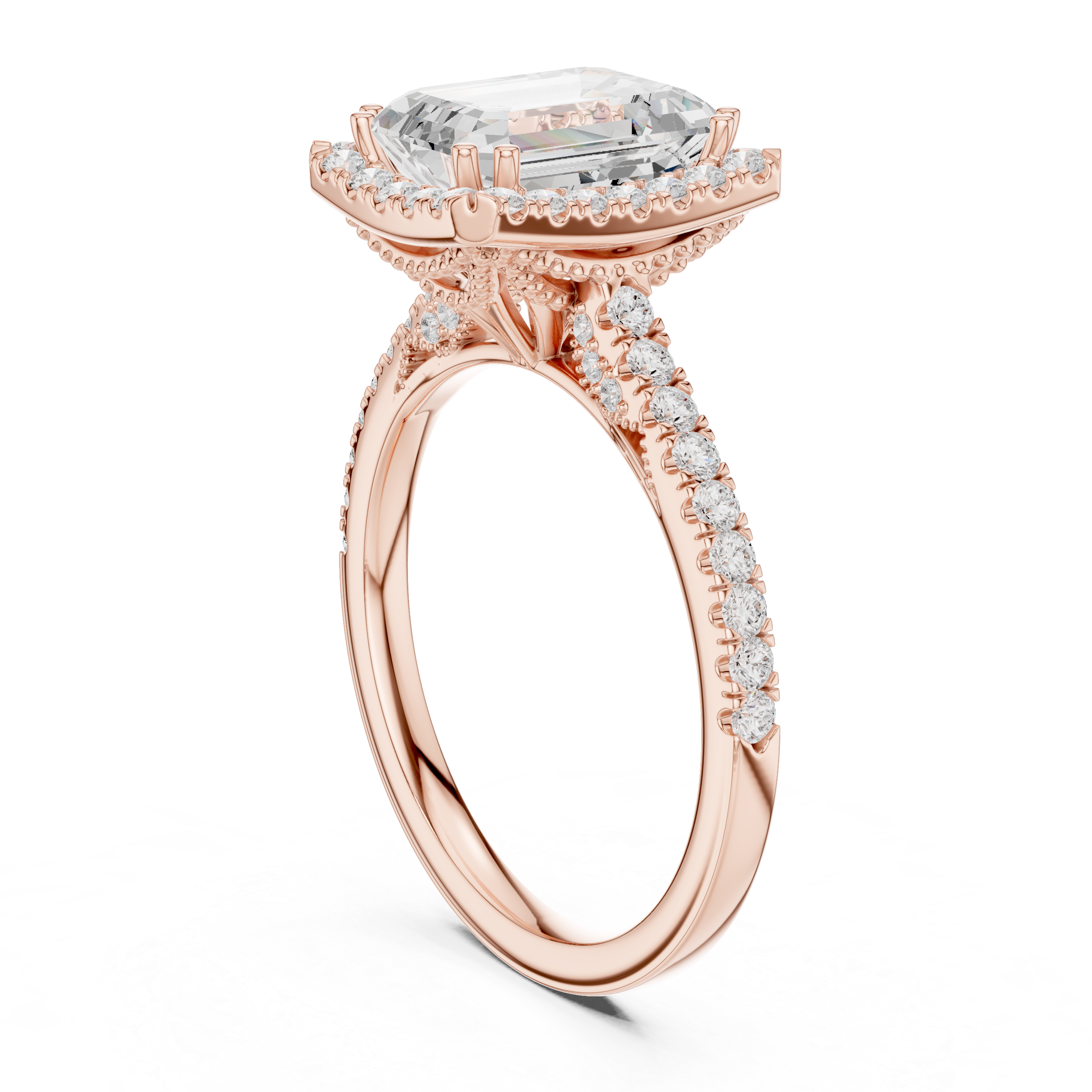 Emerald Cut Halo Engagement Ring with Pavé Diamond Band