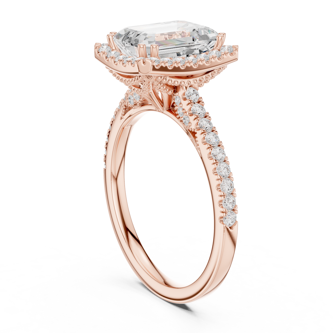 Emerald Cut Halo Engagement Ring with Pavé Diamond Band