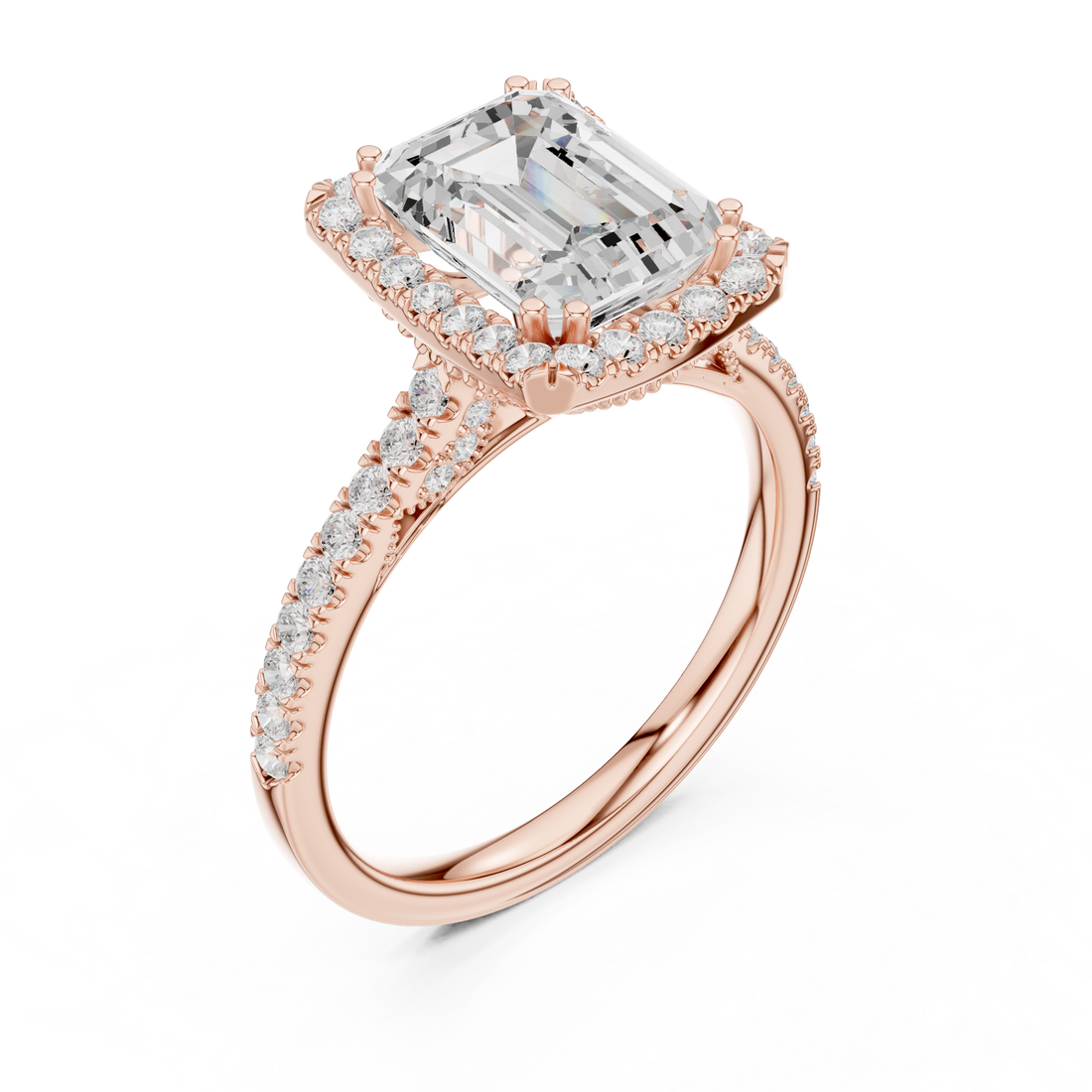 Emerald Cut Halo Engagement Ring with Pavé Diamond Band