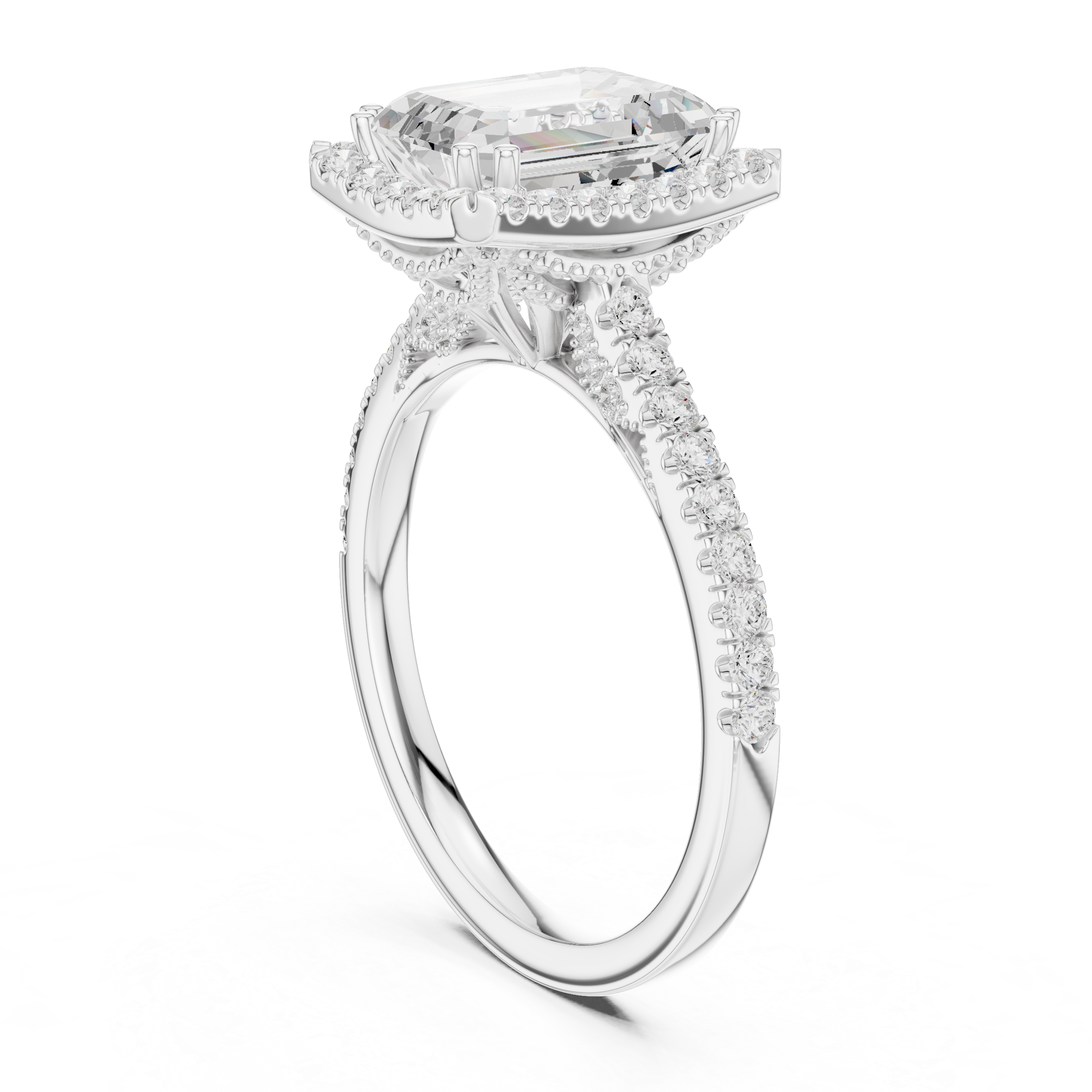 Emerald Cut Halo Engagement Ring with Pavé Diamond Band