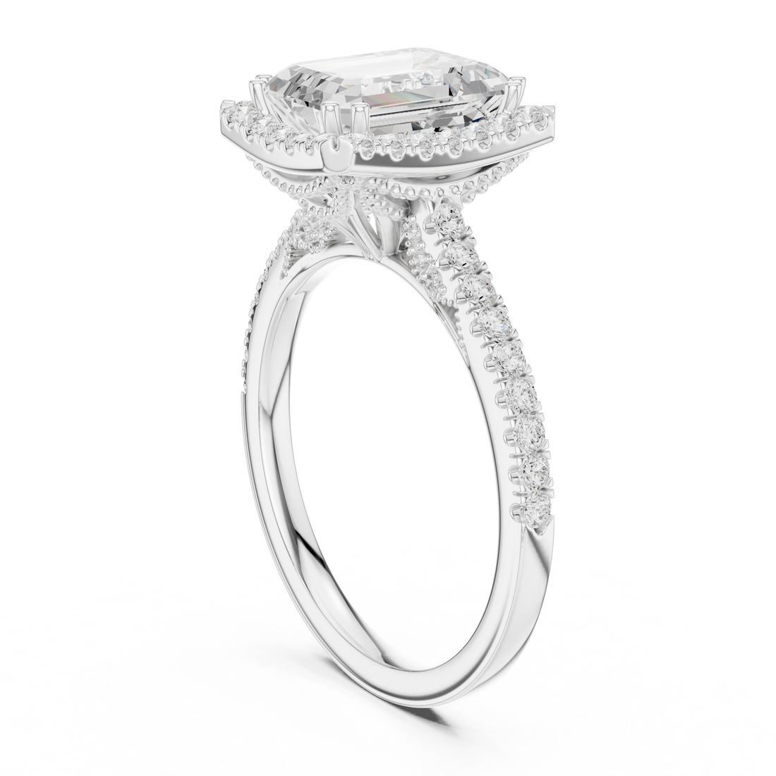 Emerald Cut Halo Engagement Ring with Pavé Diamond Band