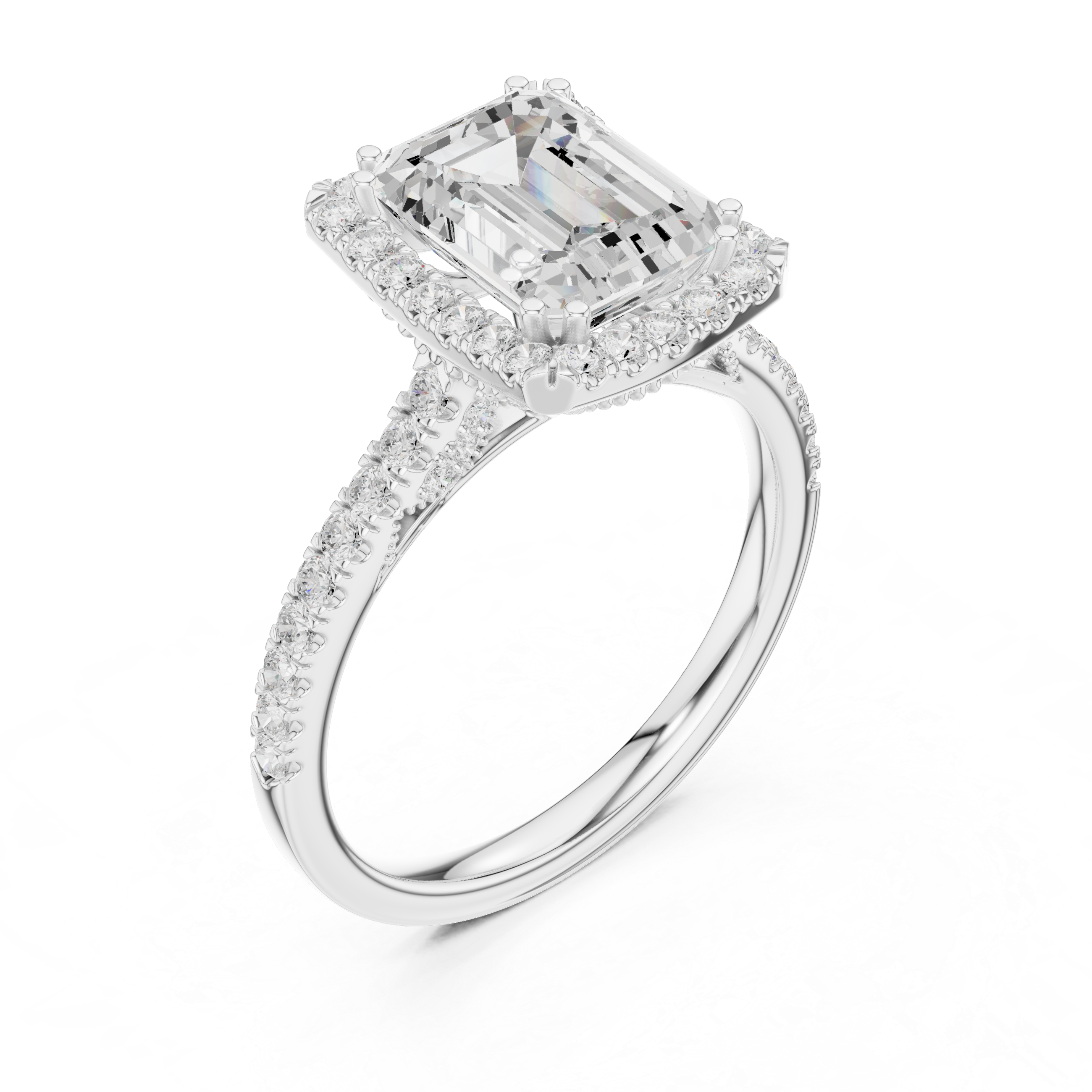 Emerald Cut Halo Engagement Ring with Pavé Diamond Band