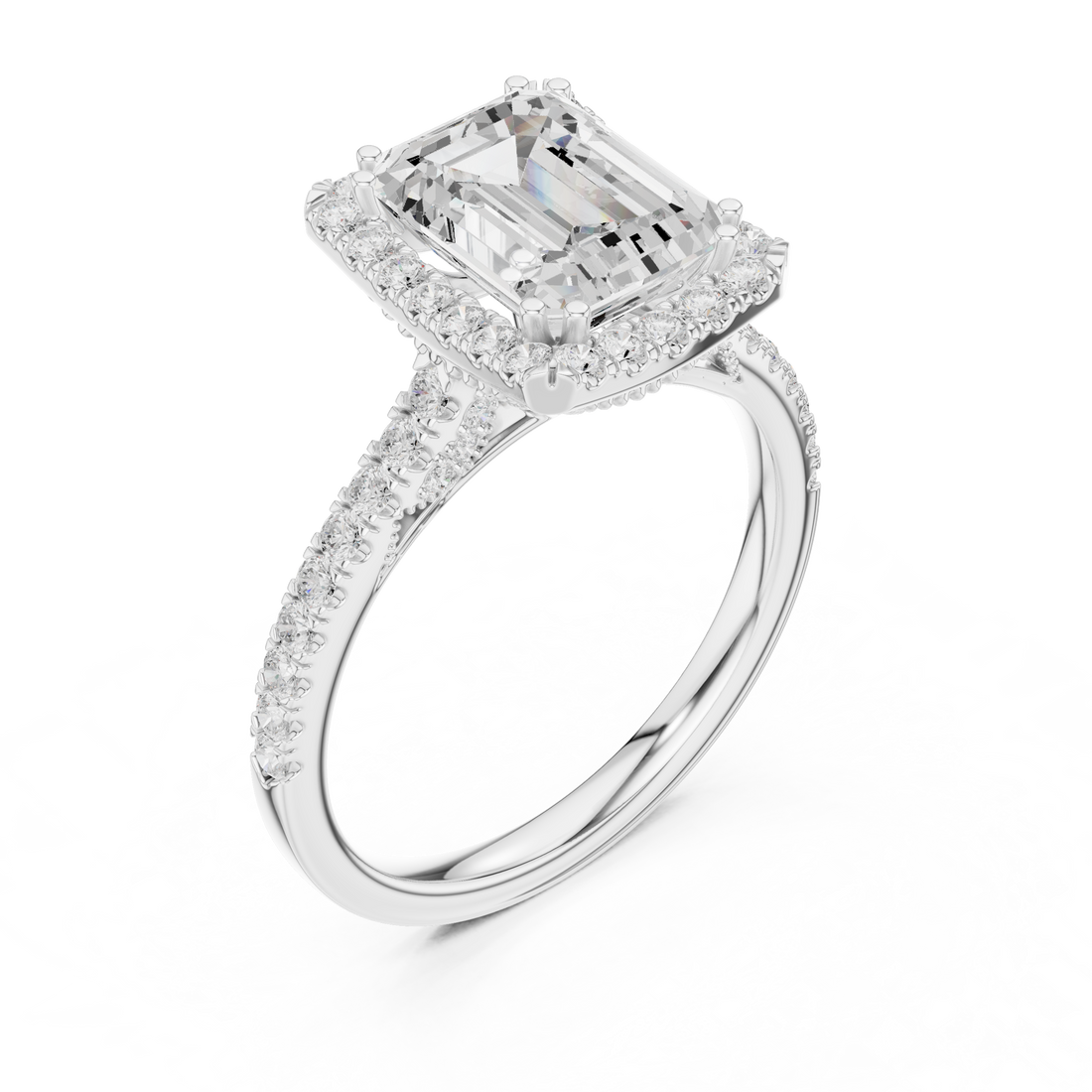 Emerald Cut Halo Engagement Ring with Pavé Diamond Band