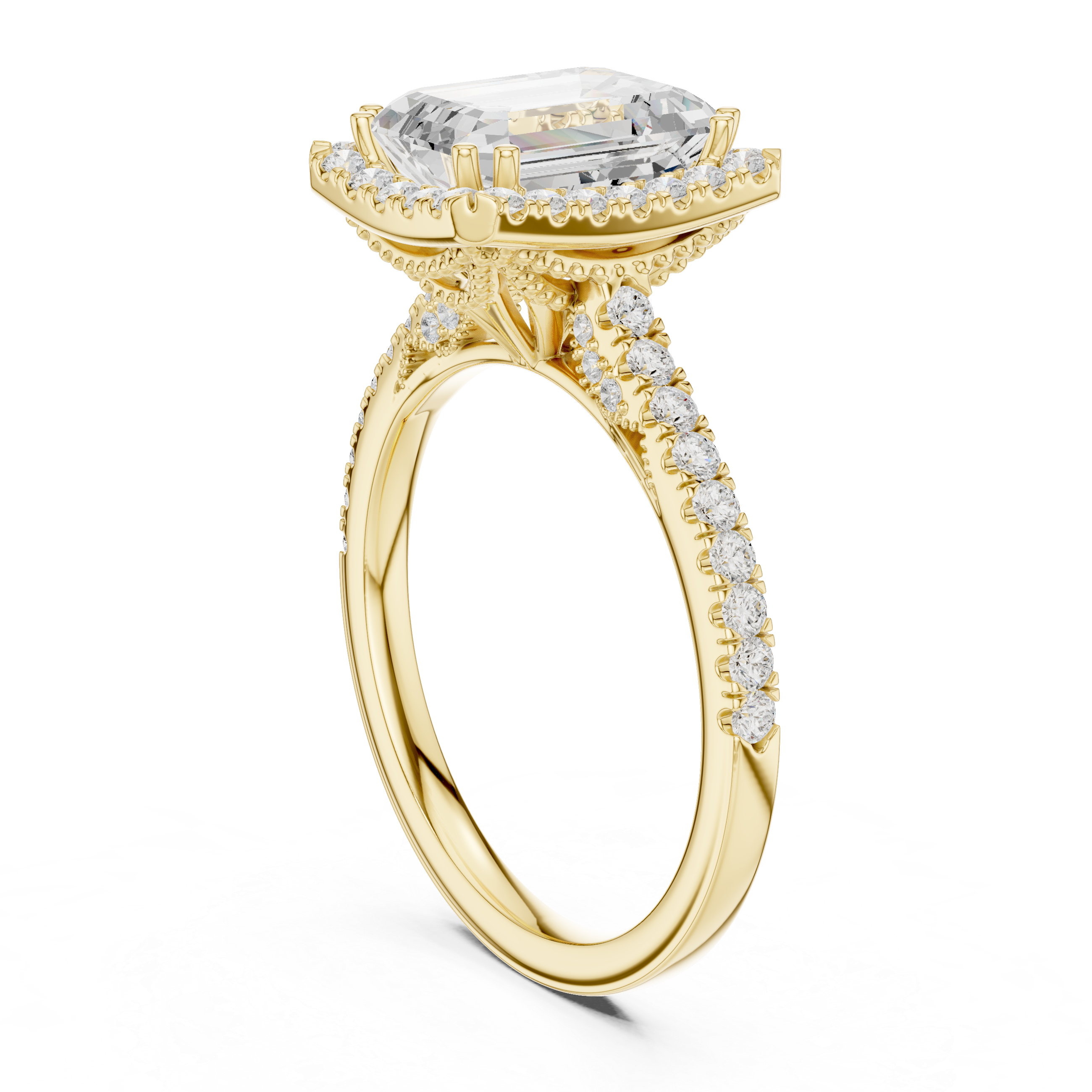 Emerald Cut Halo Engagement Ring with Pavé Diamond Band