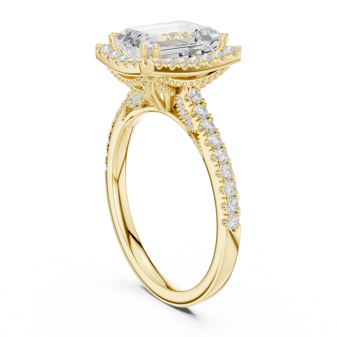 Emerald Cut Halo Engagement Ring with Pavé Diamond Band
