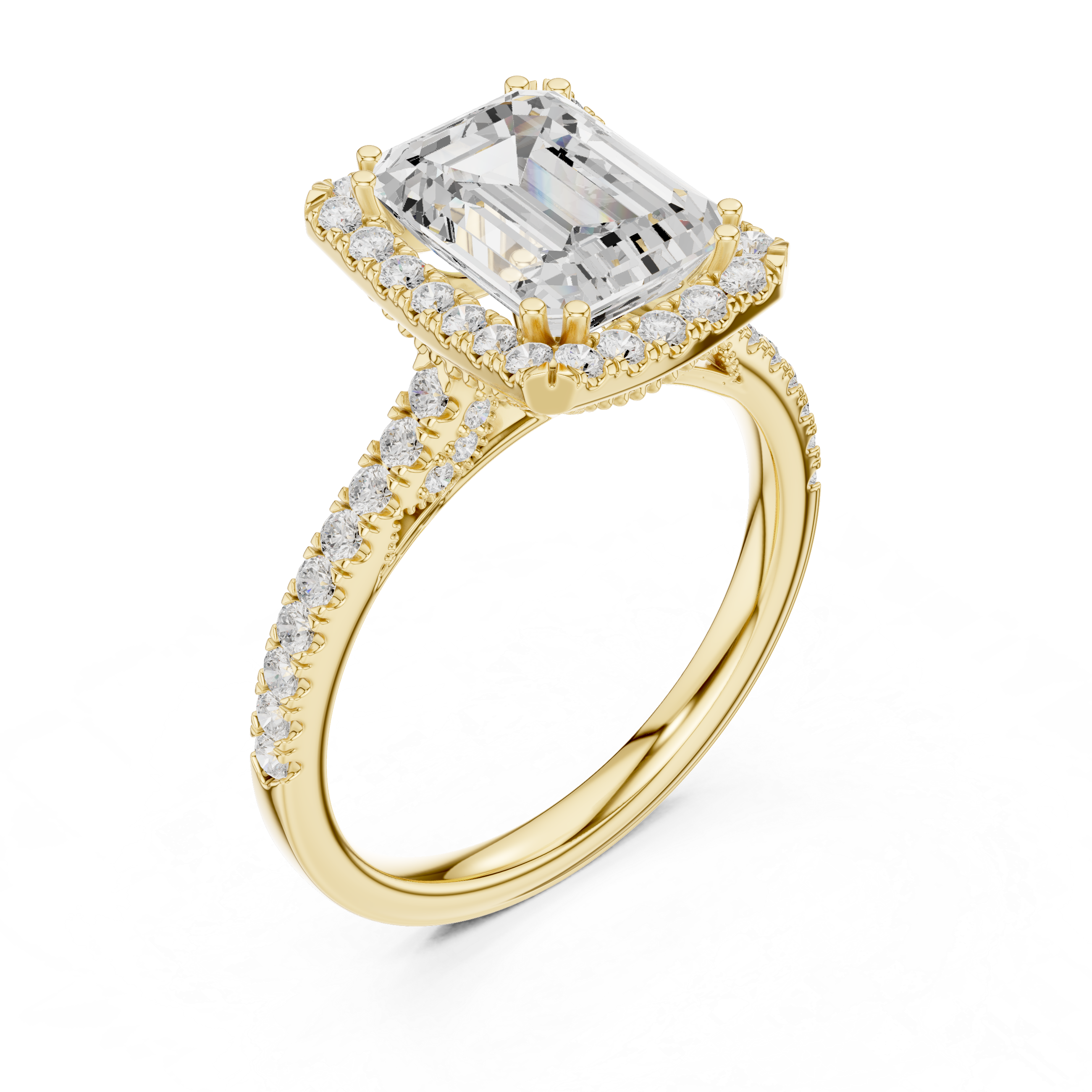 Emerald Cut Halo Engagement Ring with Pavé Diamond Band