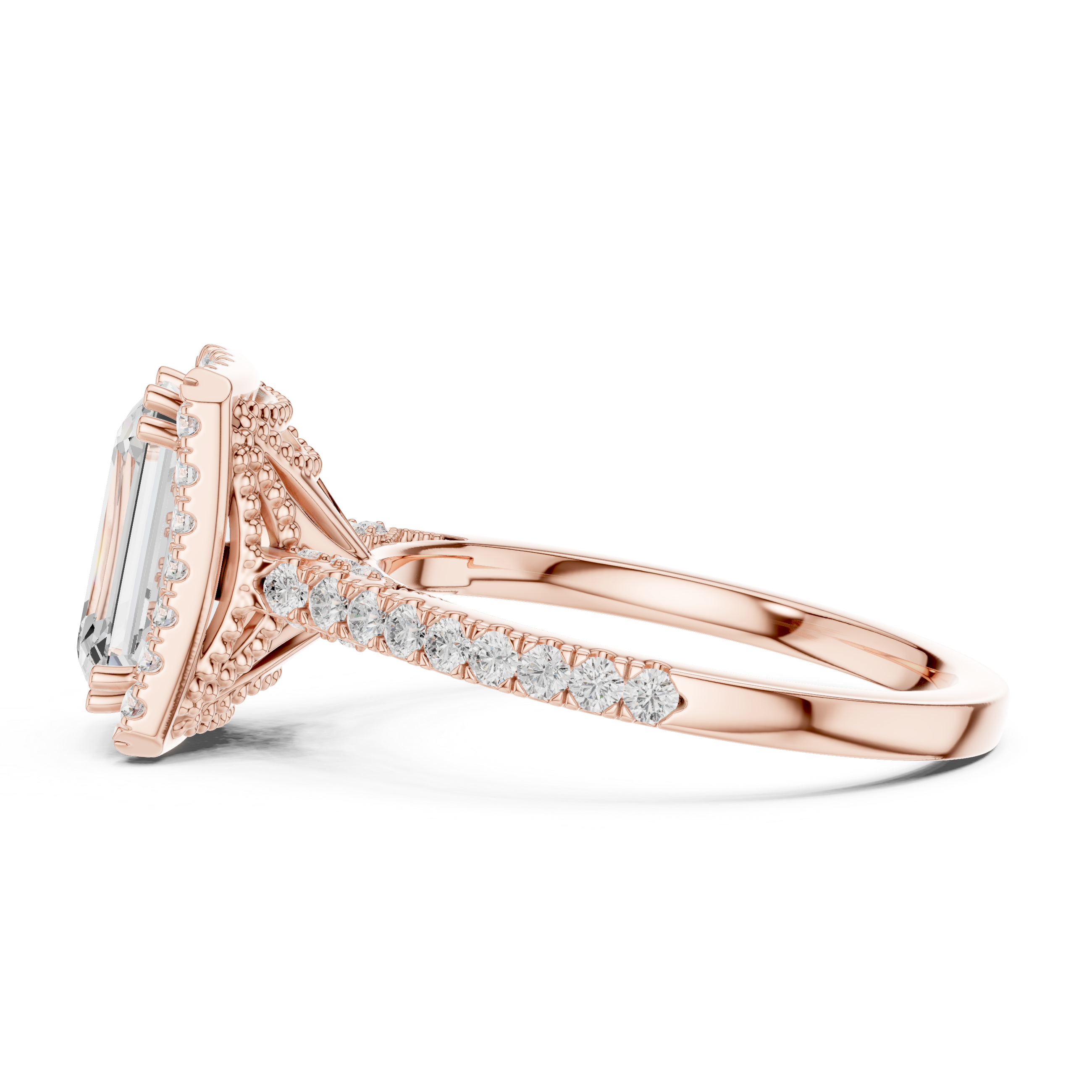 Emerald Cut Halo Engagement Ring with Pavé Diamond Band